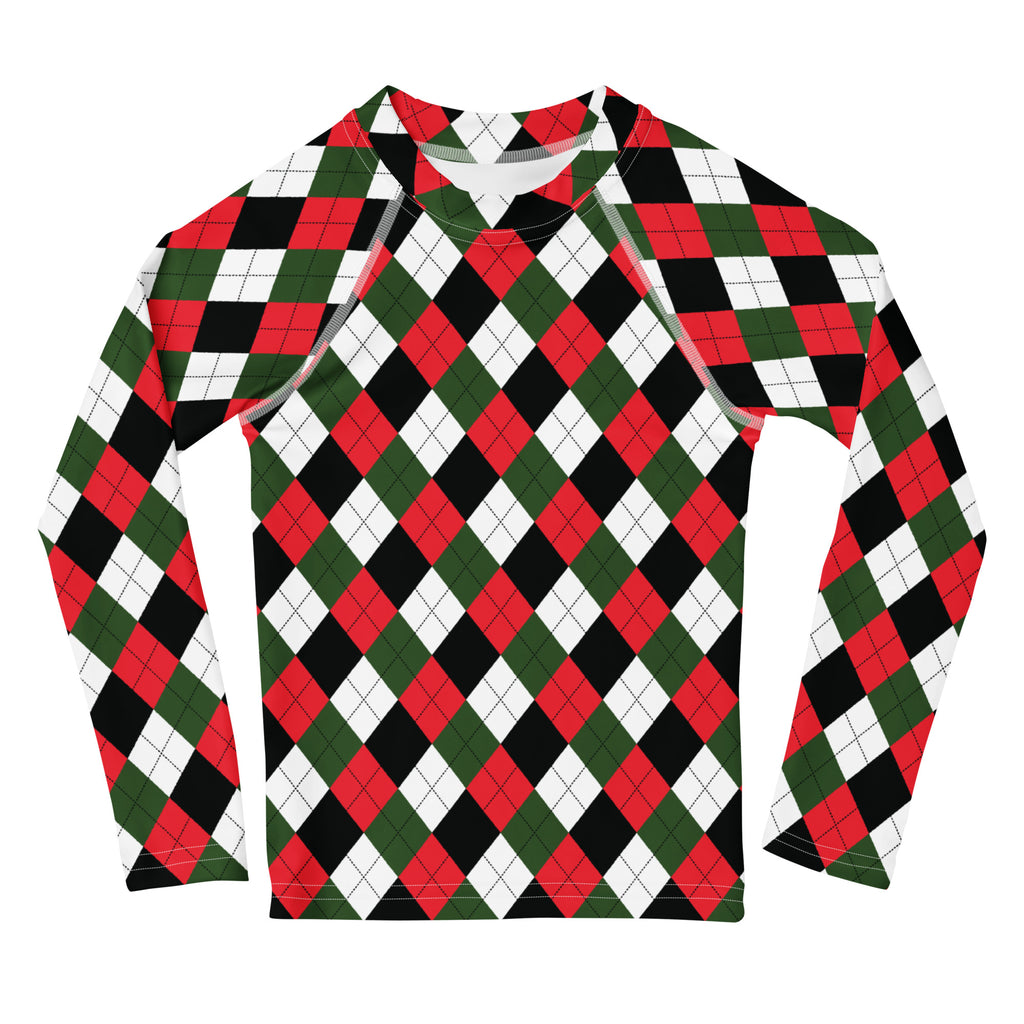 Kids christmas argyle long sleeve rash guard swim shirt with bold red green black and white pattern and upf 50+ protection