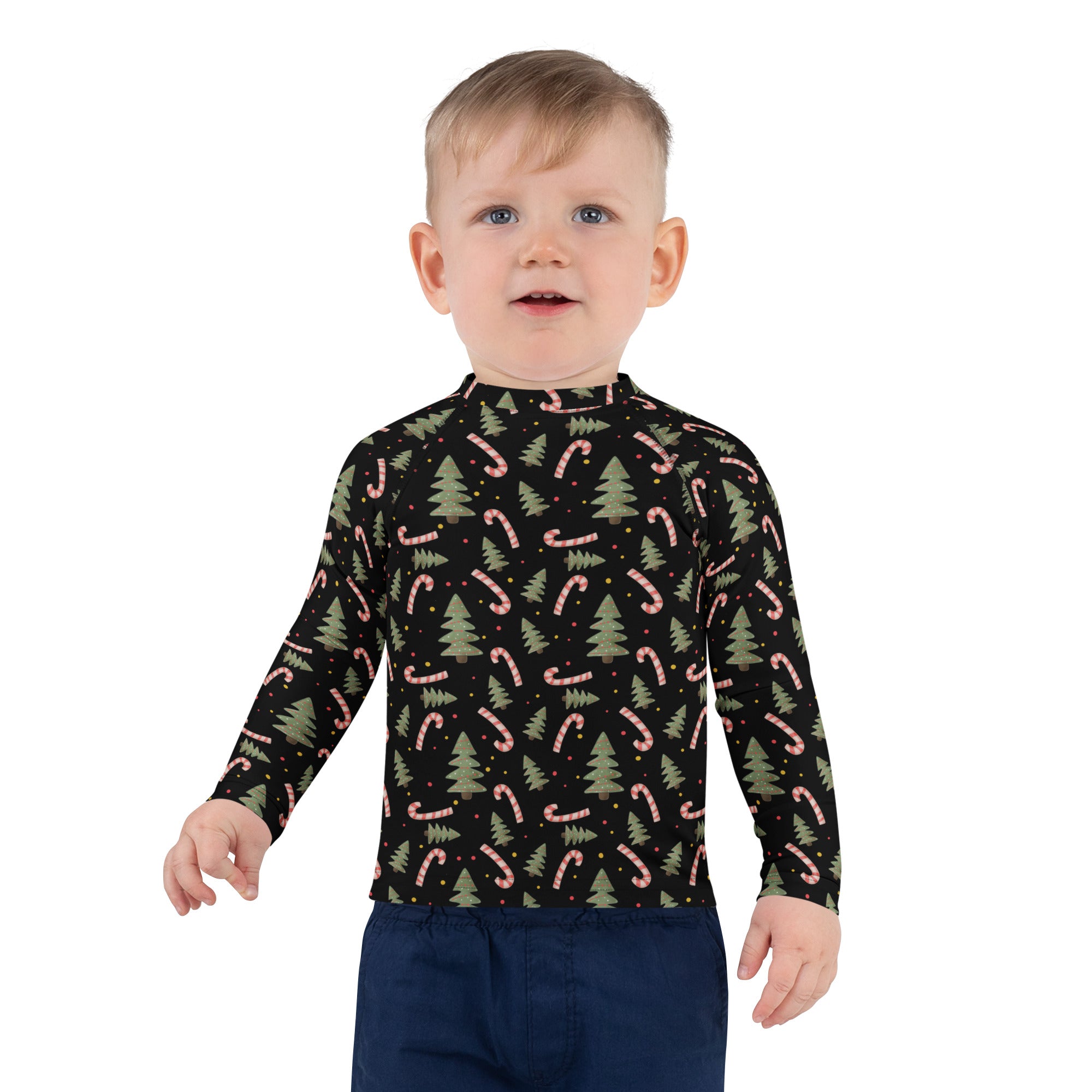 Black kids long sleeve rash guard swim shirt with pink candy canes green pine trees upf 50+ festive pattern