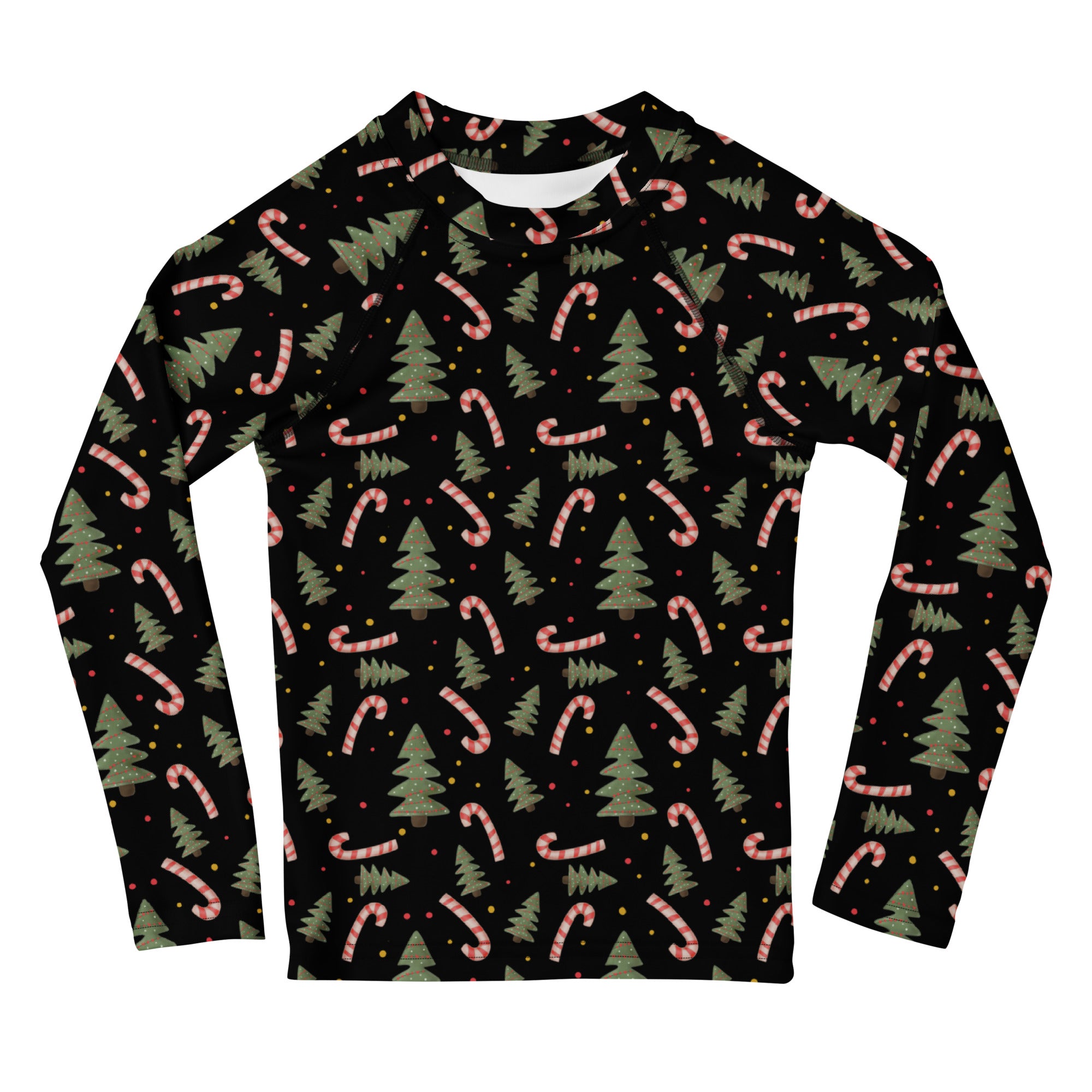 Kids candy cane and christmas tree long sleeve rash guard swim shirt in black with festive green pine trees and pink candy canes