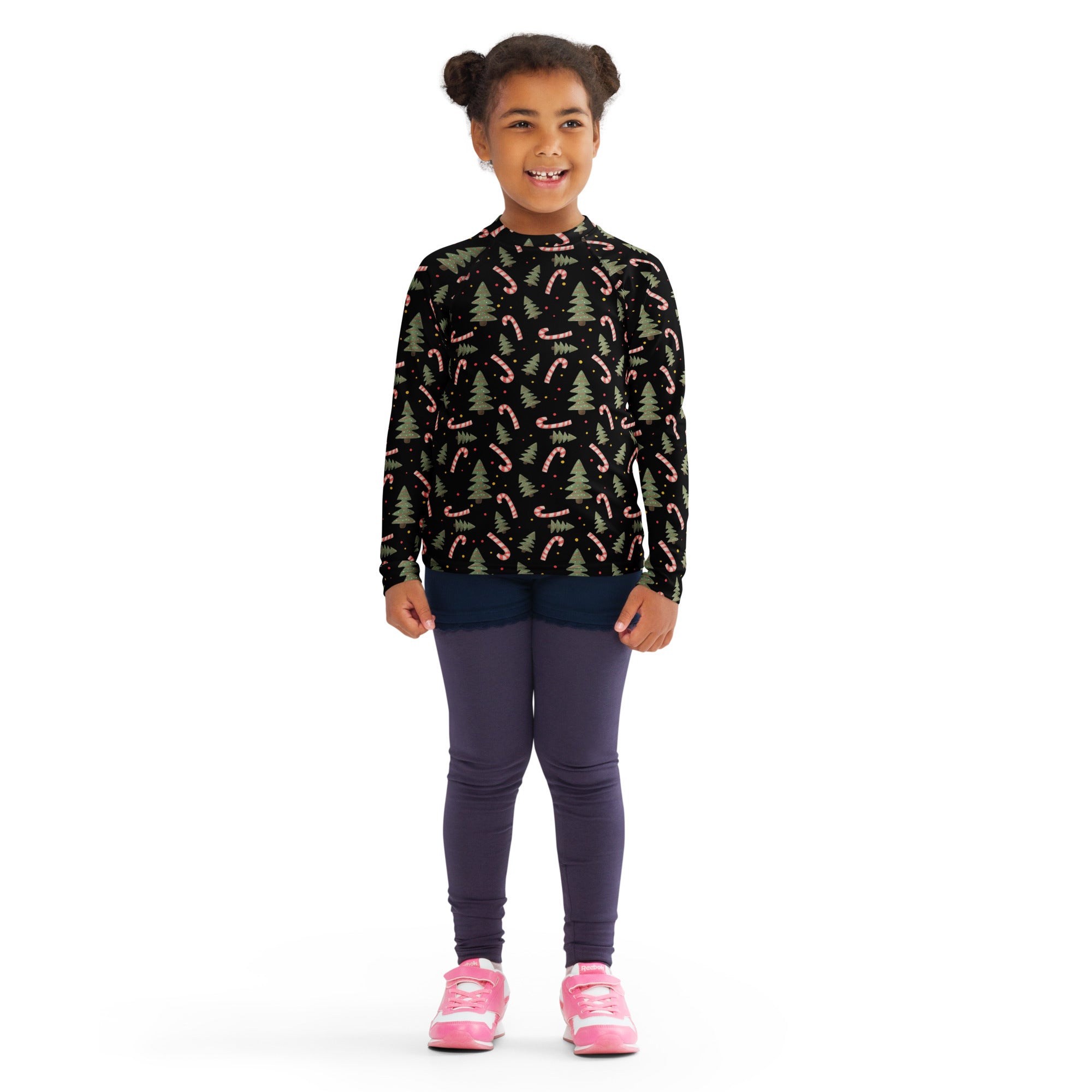 Black kids long sleeve rash guard swim shirt with pink candy canes green pine trees and upf 50+ protection