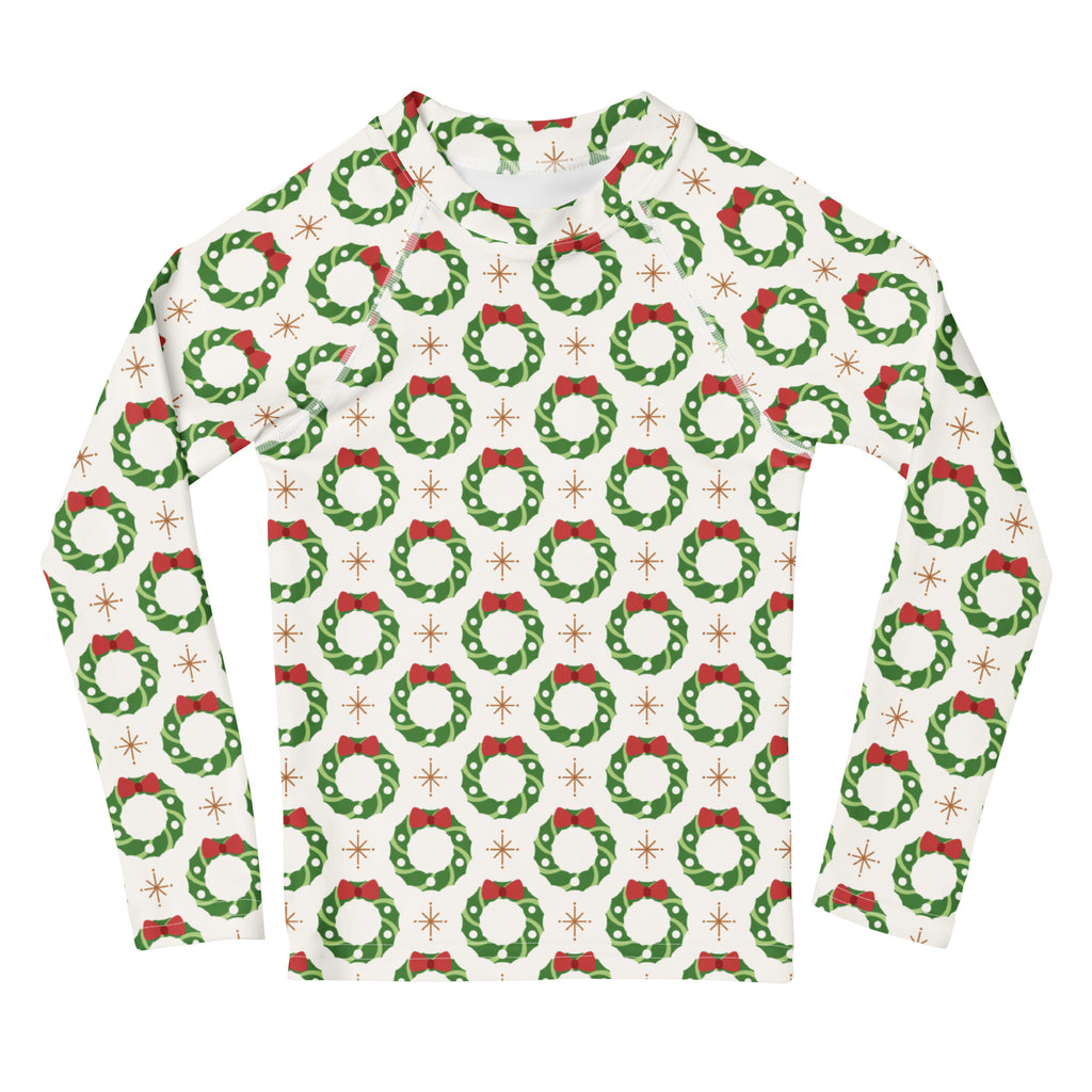 Kids Christmas wreath white long sleeve rash guard swim shirt with green wreaths red bows gold starbursts and UPF 50+