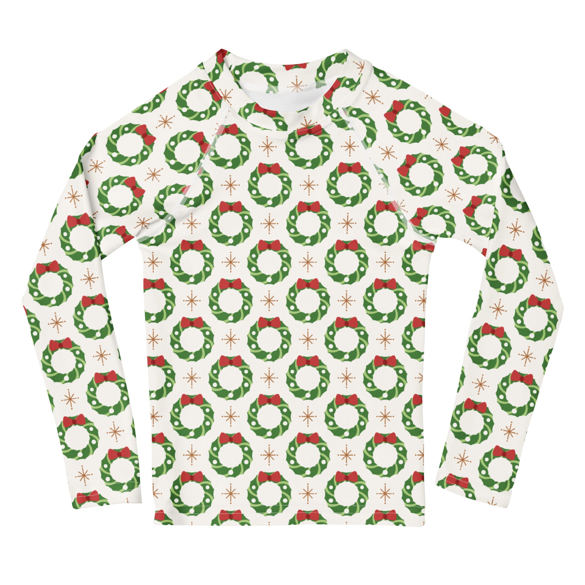 Kids Christmas wreath white long sleeve rash guard swim shirt with green wreaths red bows gold starbursts and UPF 50+