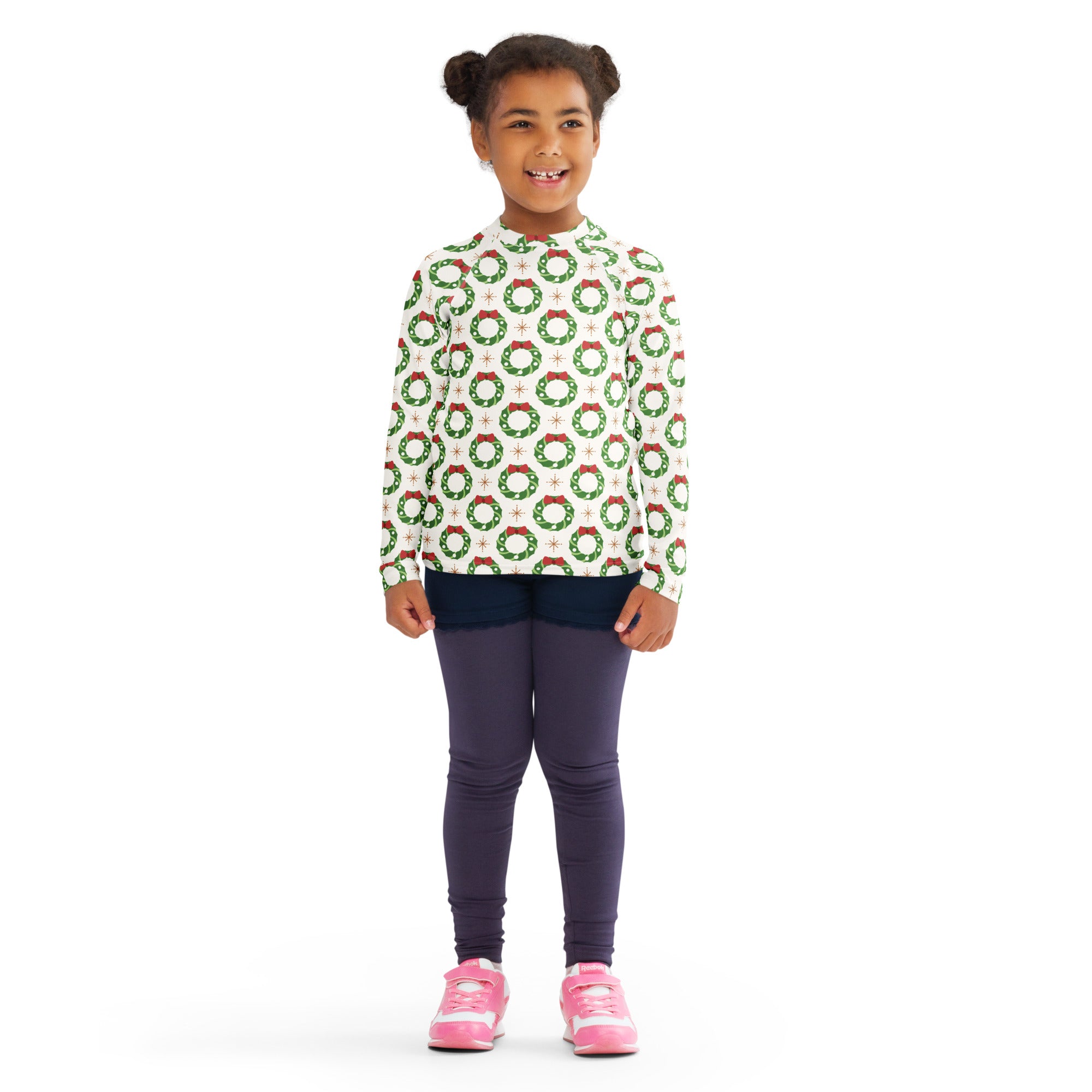 Kids christmas wreath long sleeve rash guard swim shirt with upf 50 white shirt featuring green and red wreath pattern