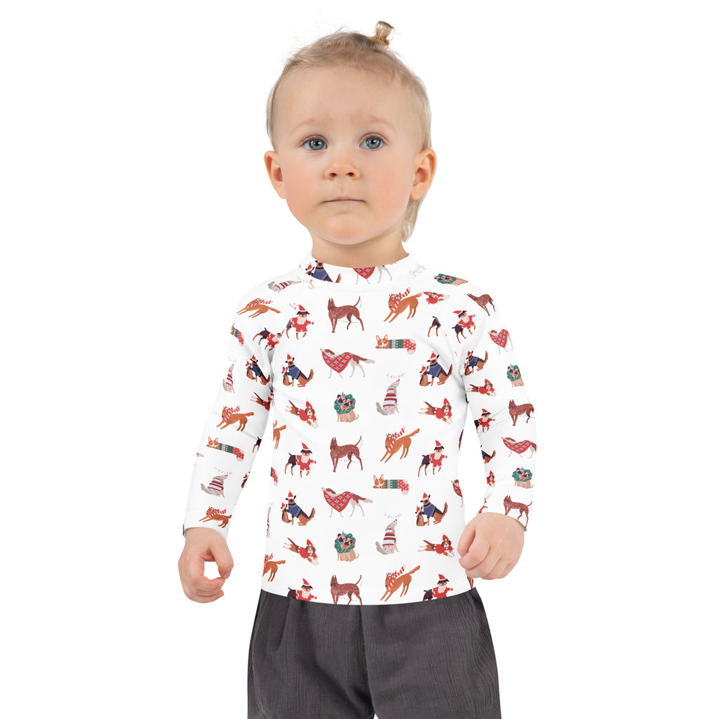 White long sleeve kids rash guard swim shirt with festive cartoon dogs and upf 50 plus for christmas protection