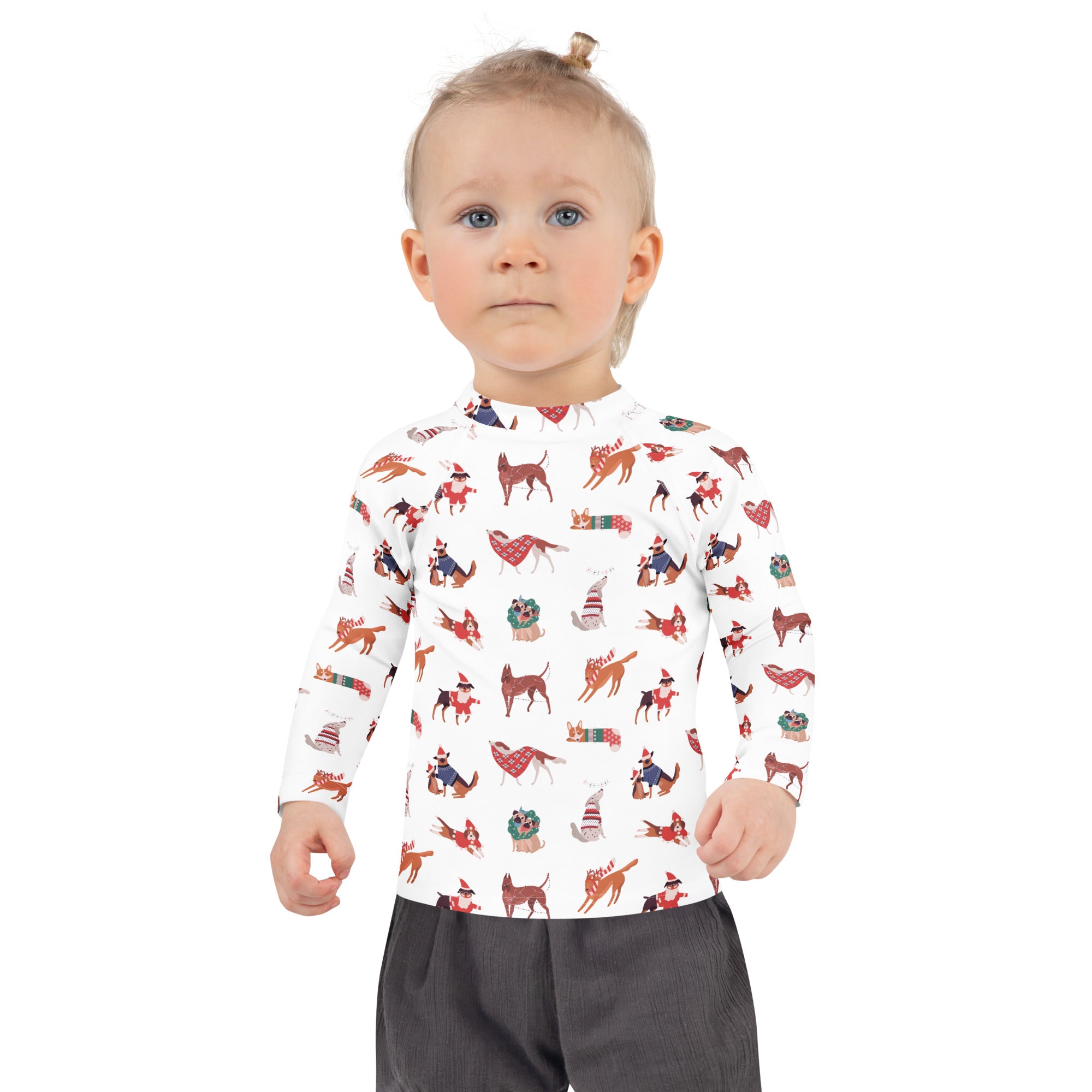 White long sleeve kids rash guard swim shirt with festive cartoon dogs and upf 50 plus for christmas protection