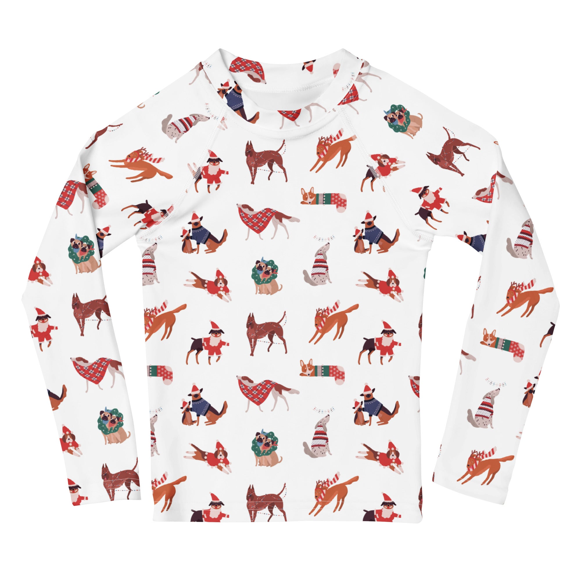White kids long sleeve rash guard swim shirt with upf 50 plus featuring festive cartoon dogs in holiday attire