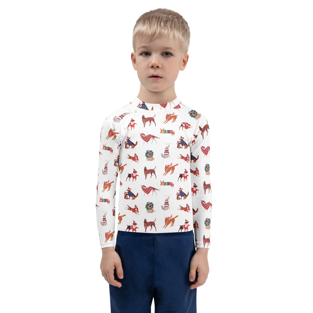 White long sleeve kids rash guard swim shirt with festive cartoon dogs pattern and UPF 50 plus sun protection
