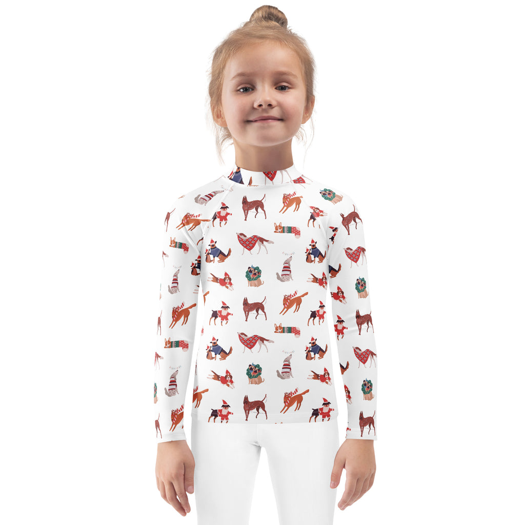 White kids long sleeve rash guard swim shirt with festive cartoon dogs and upf 50 plus for christmas protection