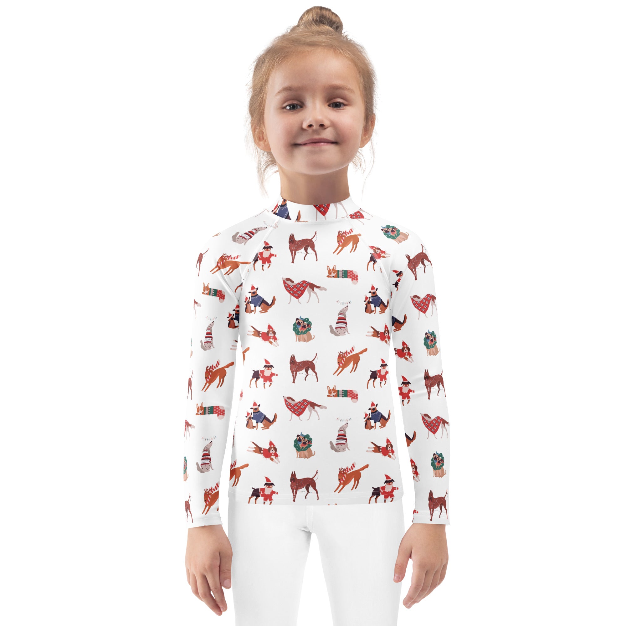 White kids long sleeve rash guard swim shirt with festive cartoon dogs and upf 50 plus for christmas protection