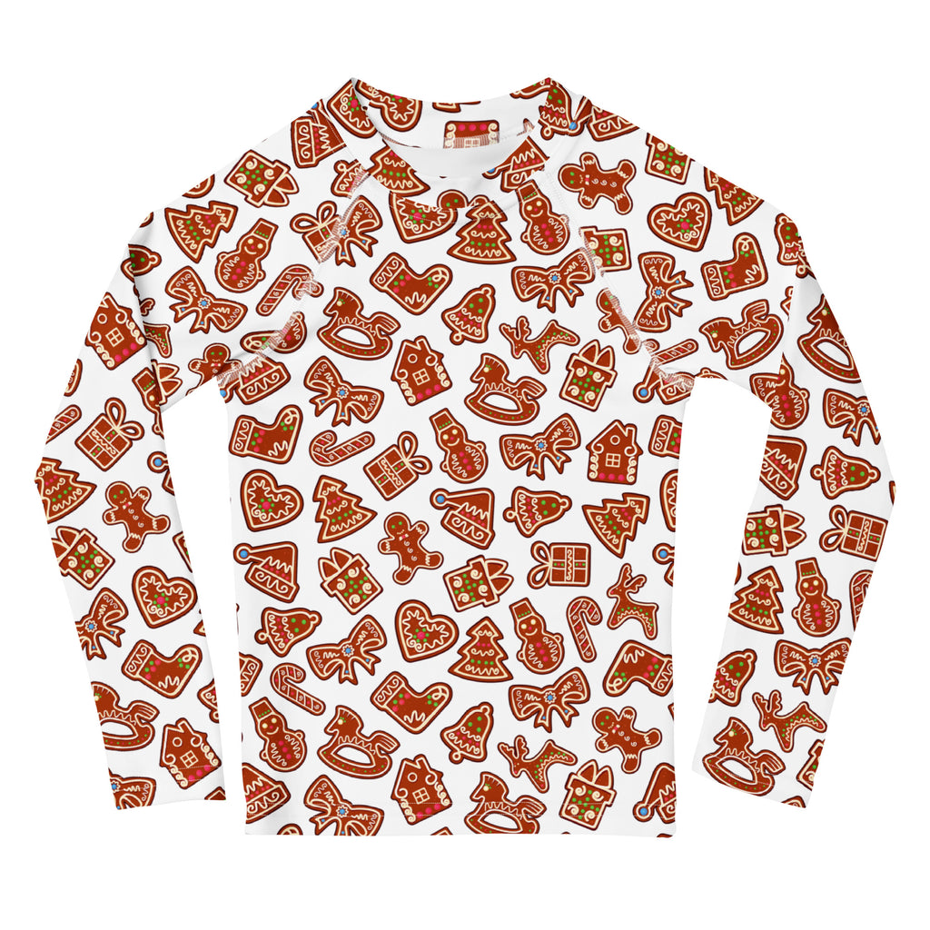 Kids gingerbread cookie long sleeve rash guard swim shirt with upf 50 plus white featuring brown festive gingerbread cookies