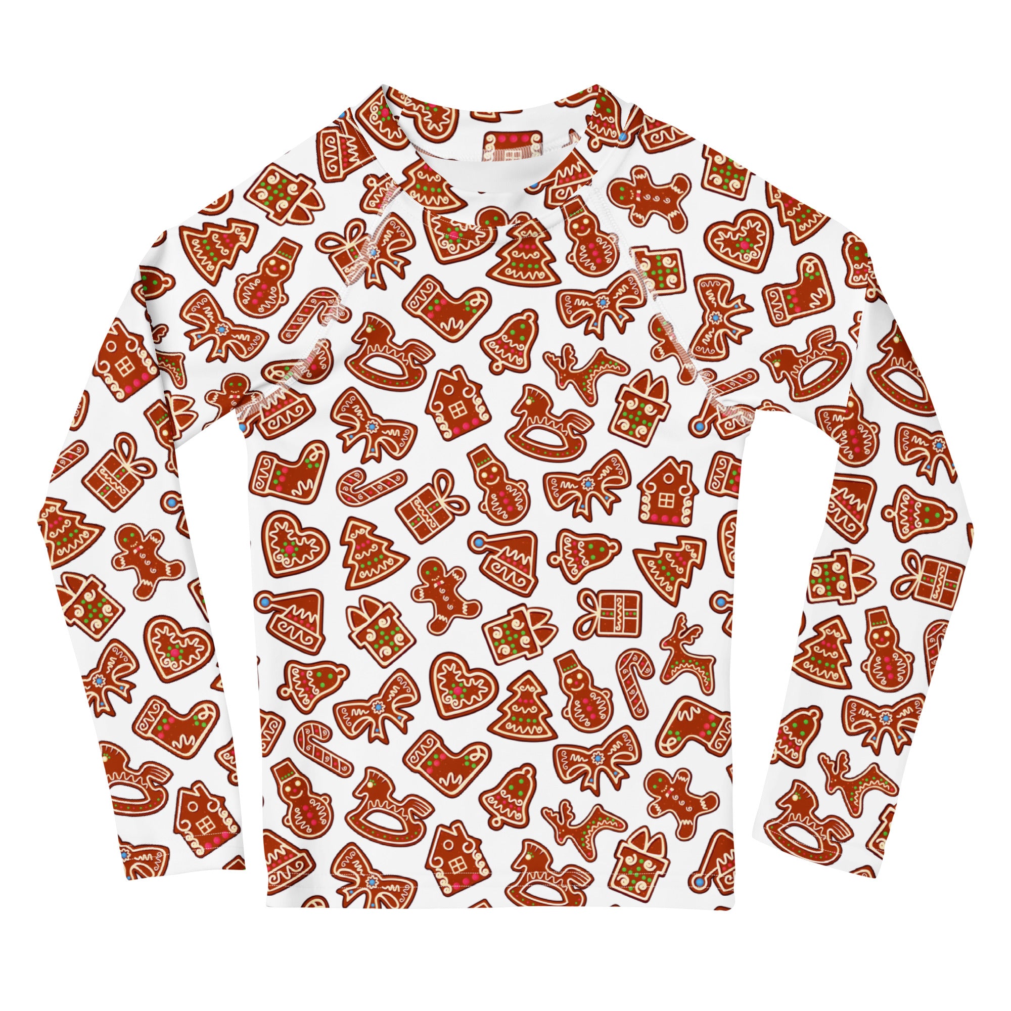 Kids gingerbread cookie long sleeve rash guard swim shirt with upf 50 plus white featuring brown festive gingerbread cookies