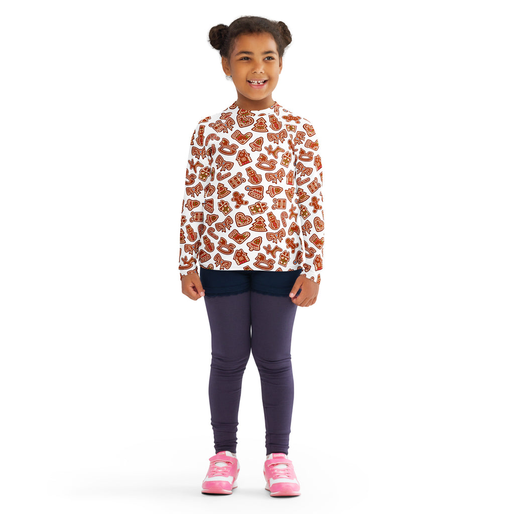 Kids gingerbread cookie long sleeve rash guard swim shirt with upf 50 plus white with orange and brown festive pattern