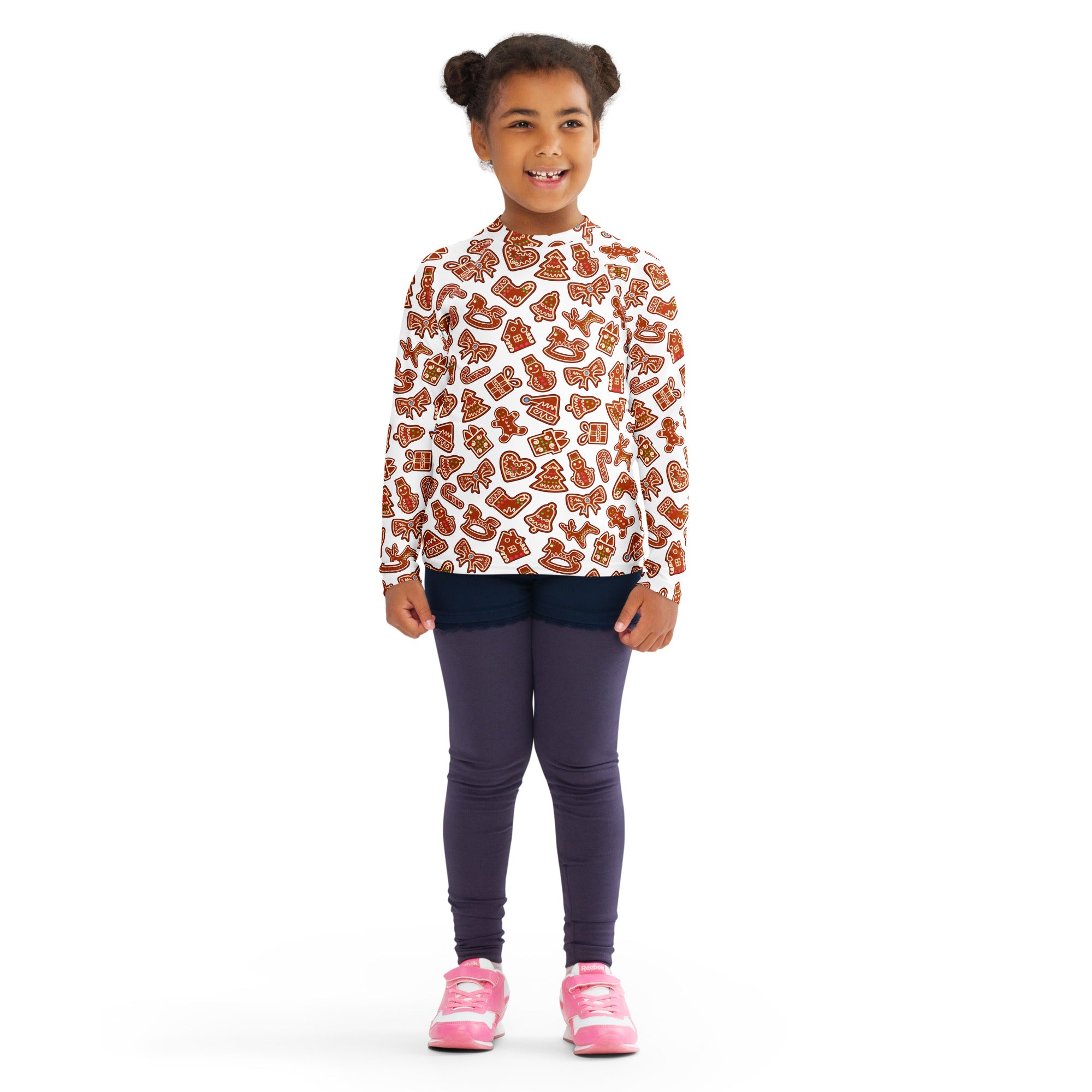 Kids gingerbread cookie long sleeve rash guard swim shirt with upf 50 plus white with orange and brown festive pattern