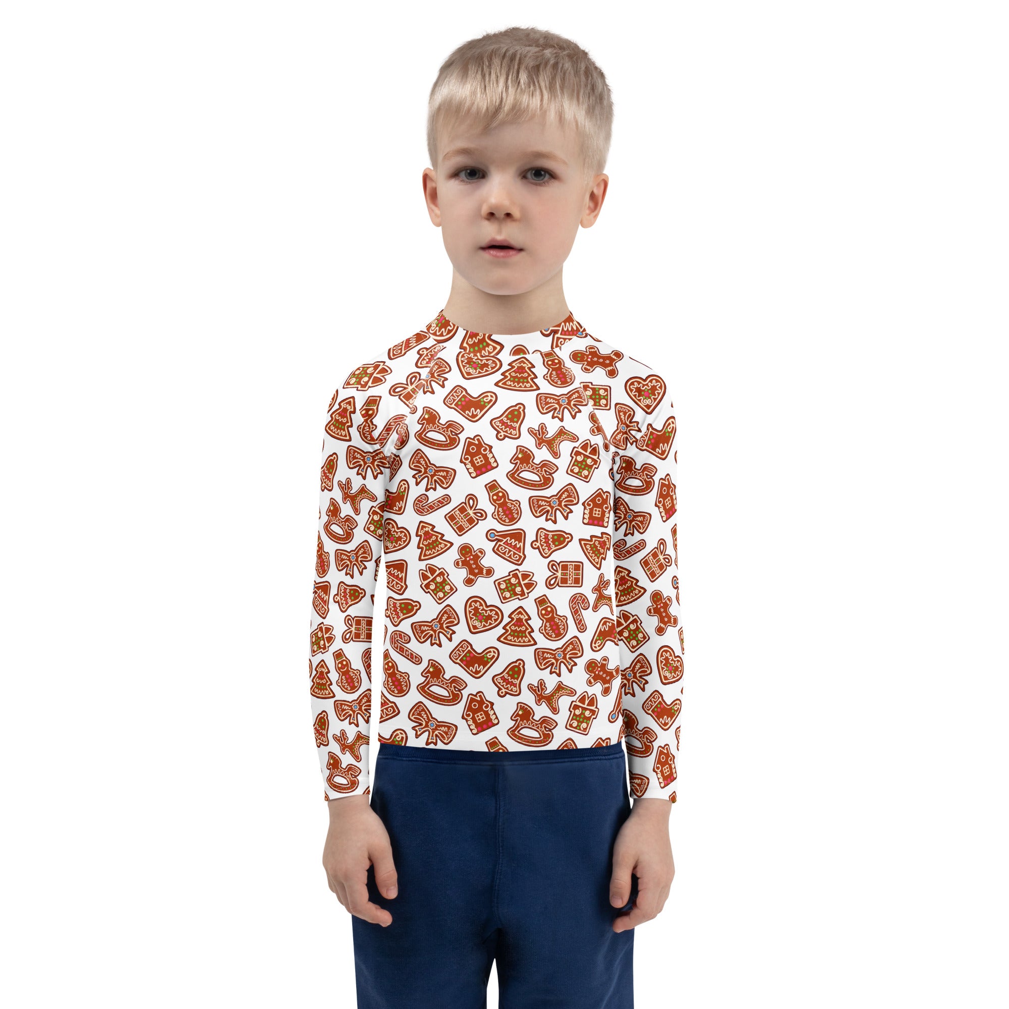 Kids gingerbread cookie long sleeve rash guard swim shirt white with orange holiday cookie designs upf 50+