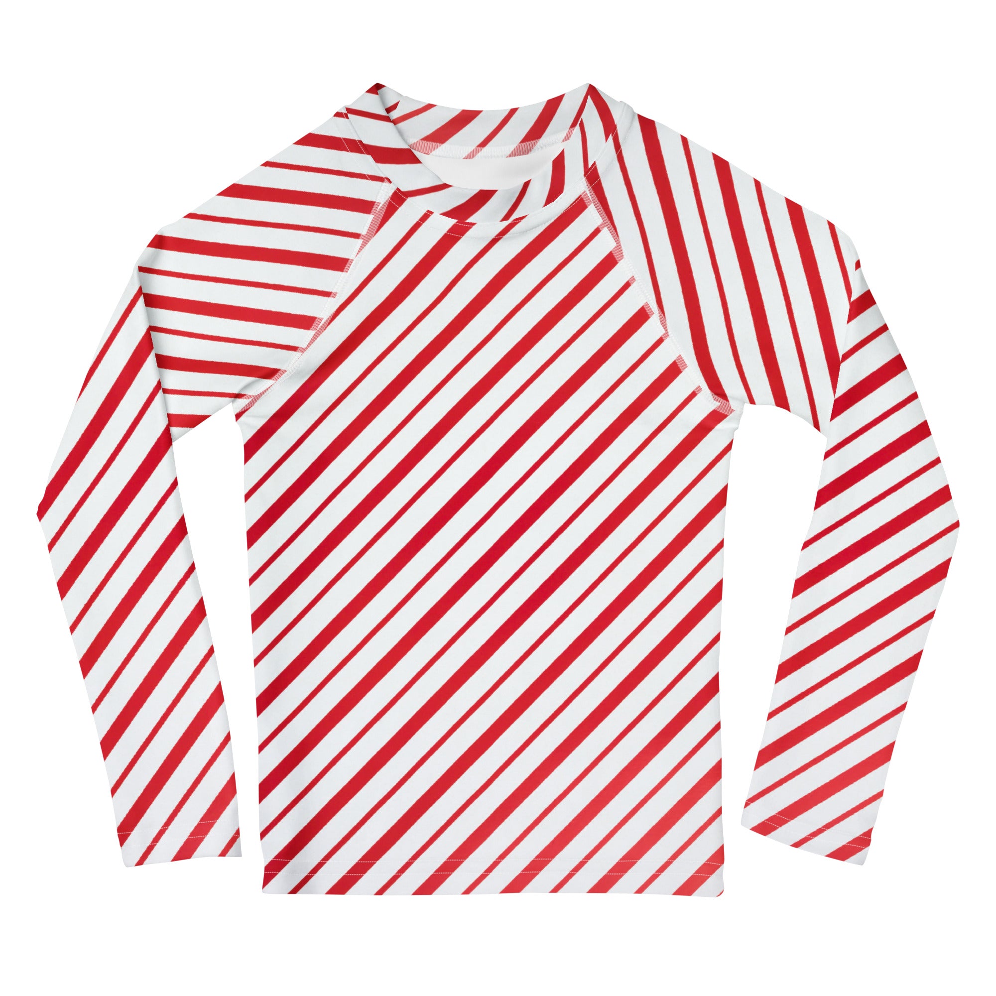 Kids red and white candy cane striped long sleeve rash guard made of stretchy moisture-wicking fabric with UPF 50+