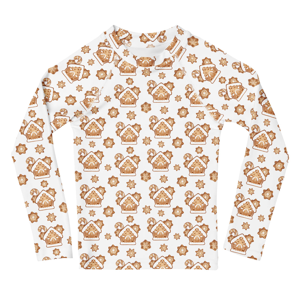 Kids gingerbread house christmas long sleeve rash guard swim shirt in white with festive brown candy cane pattern and upf 50+