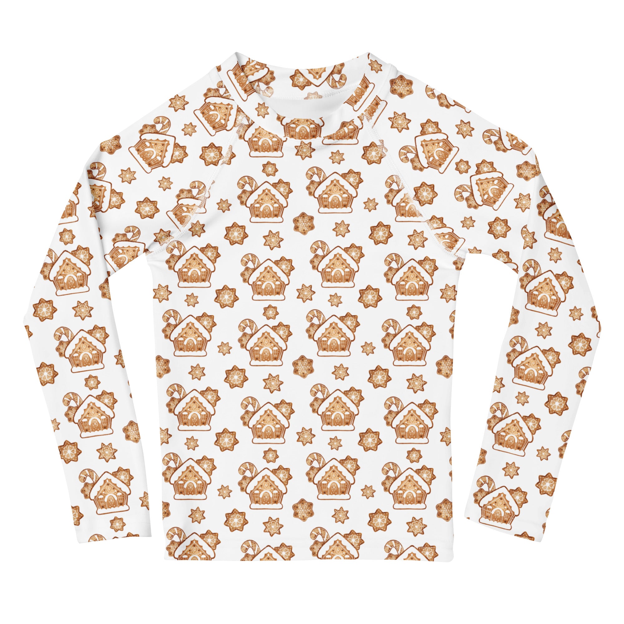 Kids gingerbread house christmas long sleeve rash guard swim shirt in white with festive brown candy cane pattern and upf 50+