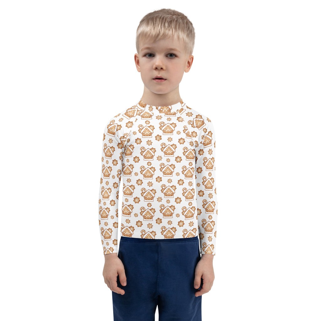 Kids gingerbread house Christmas long sleeve rash guard swim shirt white with brown gingerbread houses and stars pattern