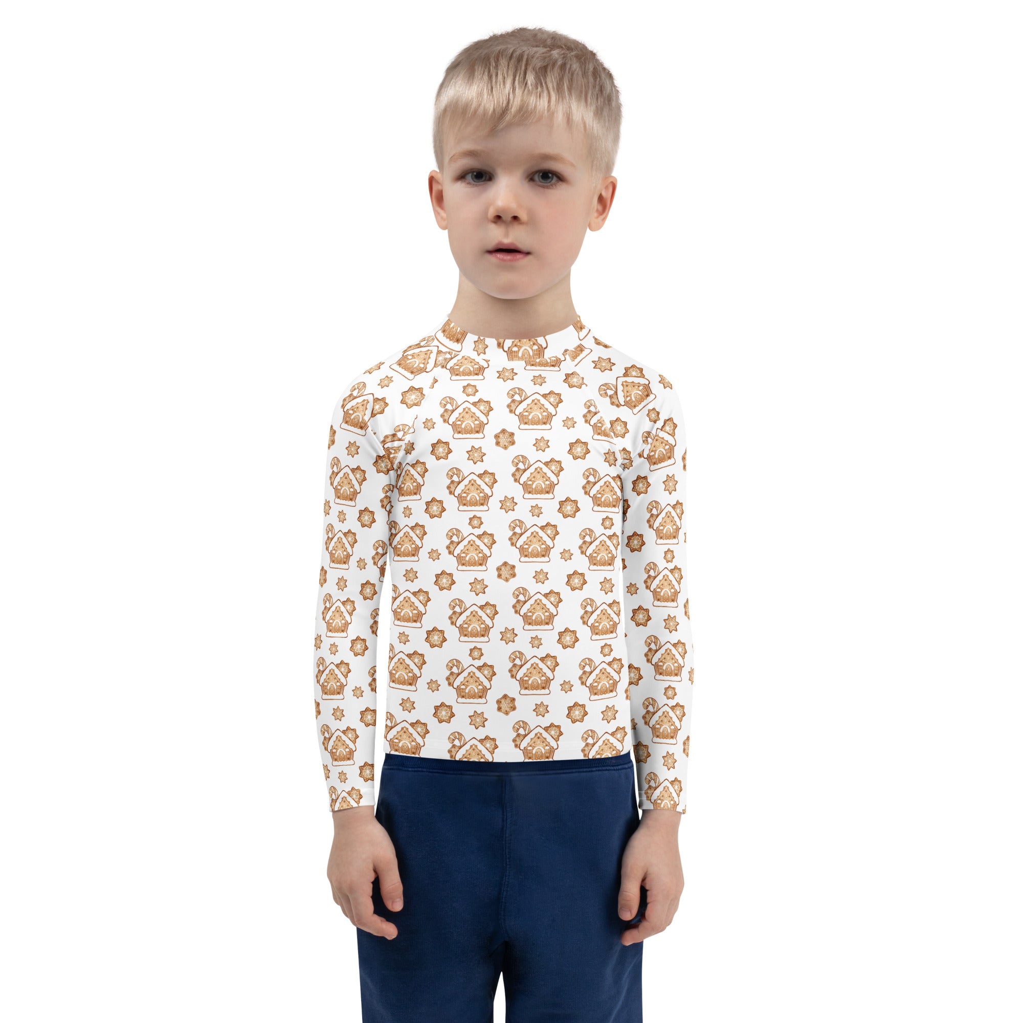 Kids gingerbread house Christmas long sleeve rash guard swim shirt white with brown gingerbread houses and stars pattern