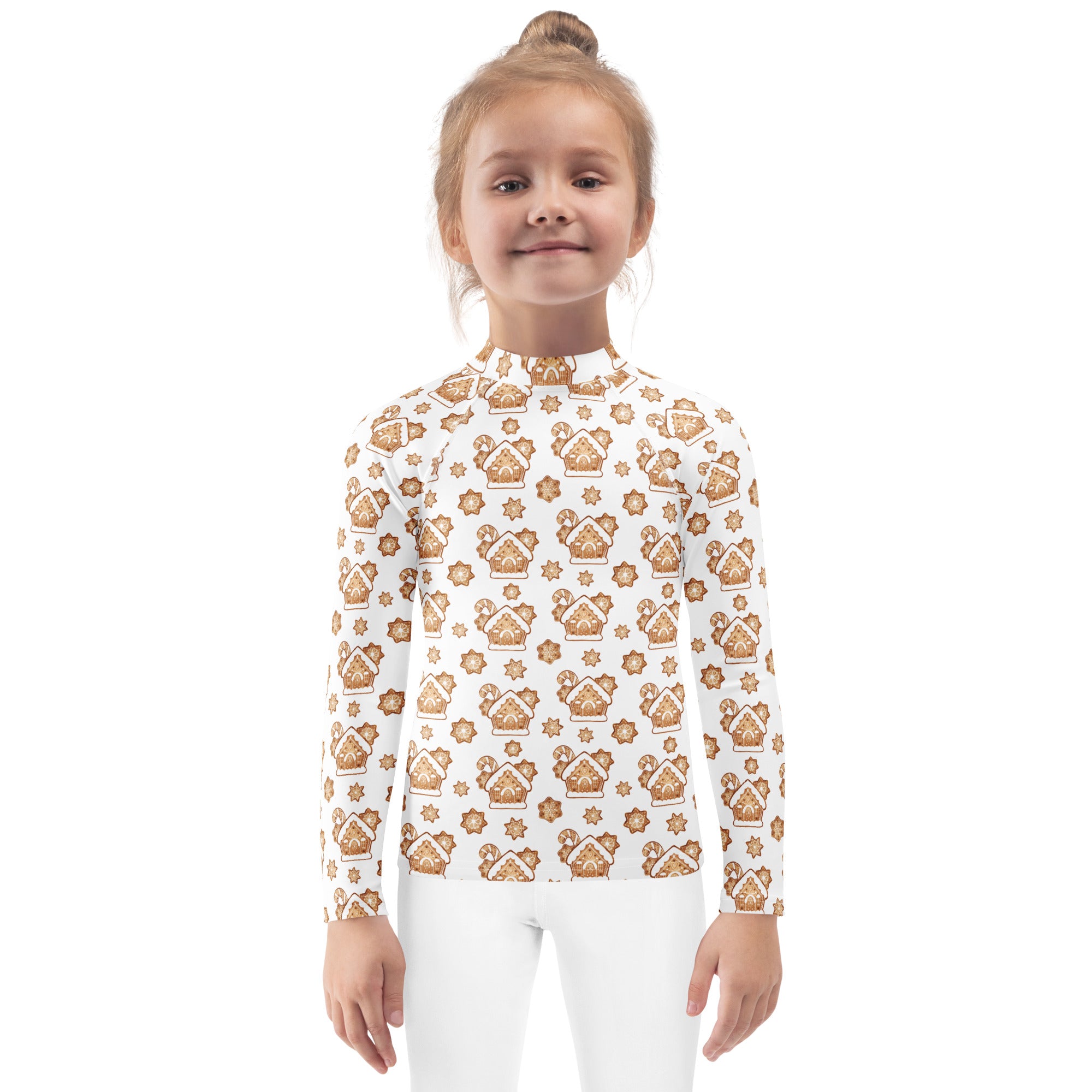 White long-sleeved kids rash guard with brown gingerbread house pattern and upf 50+ for christmas swimwear