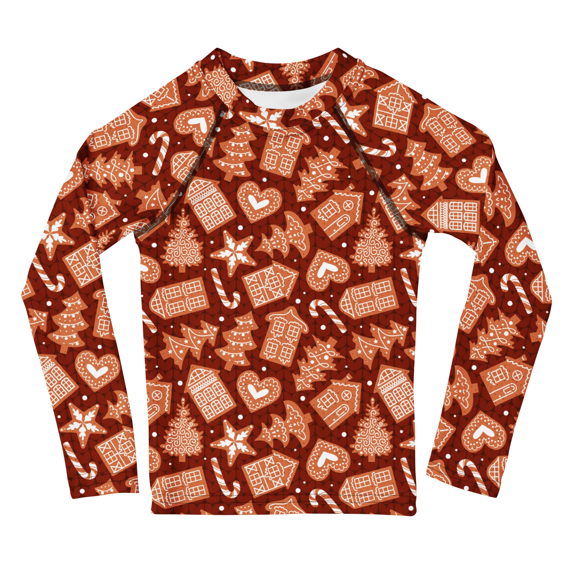 Kids red gingerbread Christmas long sleeve rash guard with UPF 50 plus featuring festive gingerbread house pattern