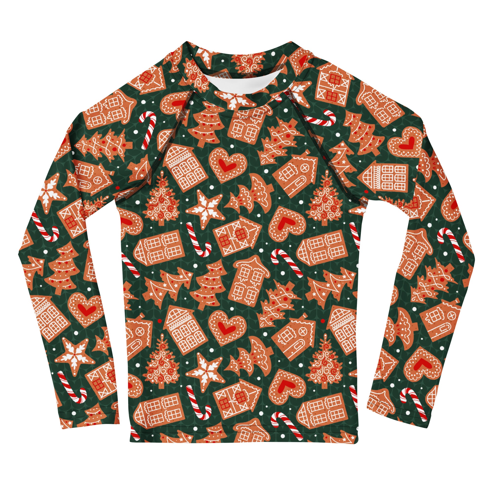 Kids green gingerbread christmas long sleeve rash guard swim shirt with upf 50 featuring festive gingerbread houses candy canes and trees