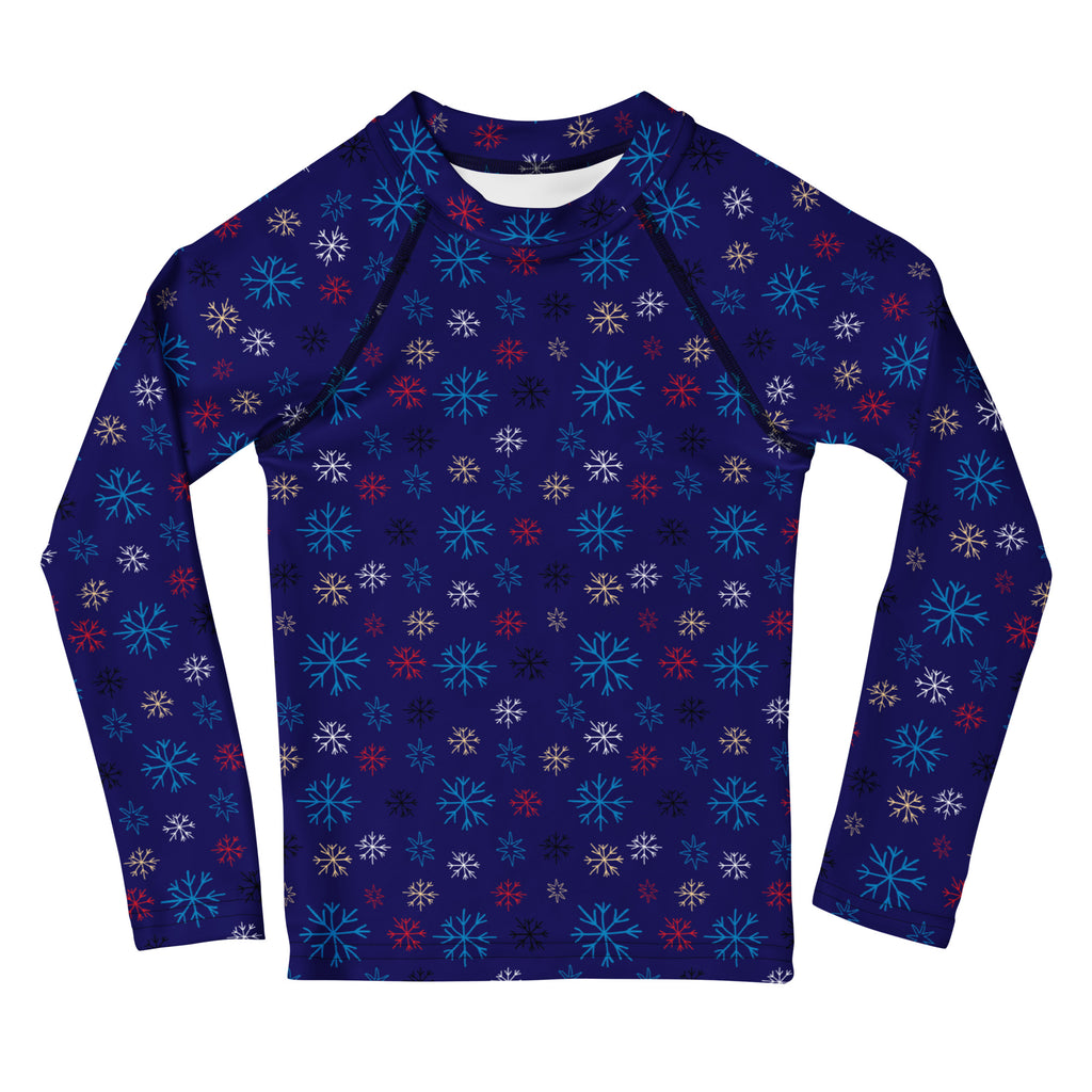 Kids navy blue long sleeve rash guard with multicolored snowflake pattern and UPF 50 plus for sun protection