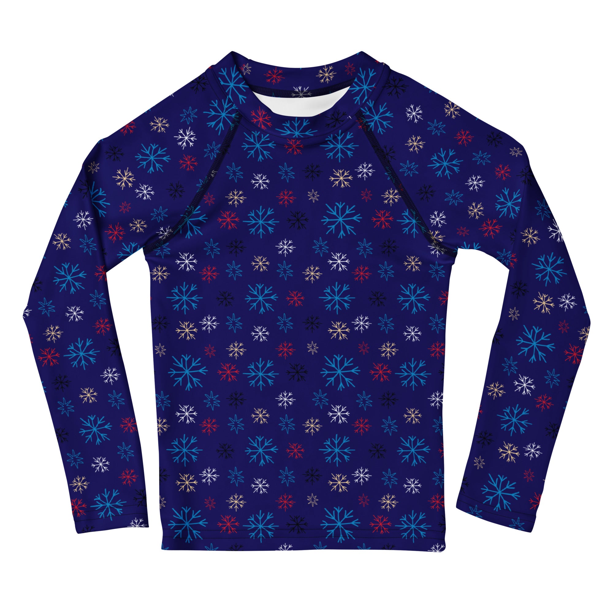 Kids navy blue long sleeve rash guard with multicolored snowflake pattern and UPF 50 plus for sun protection