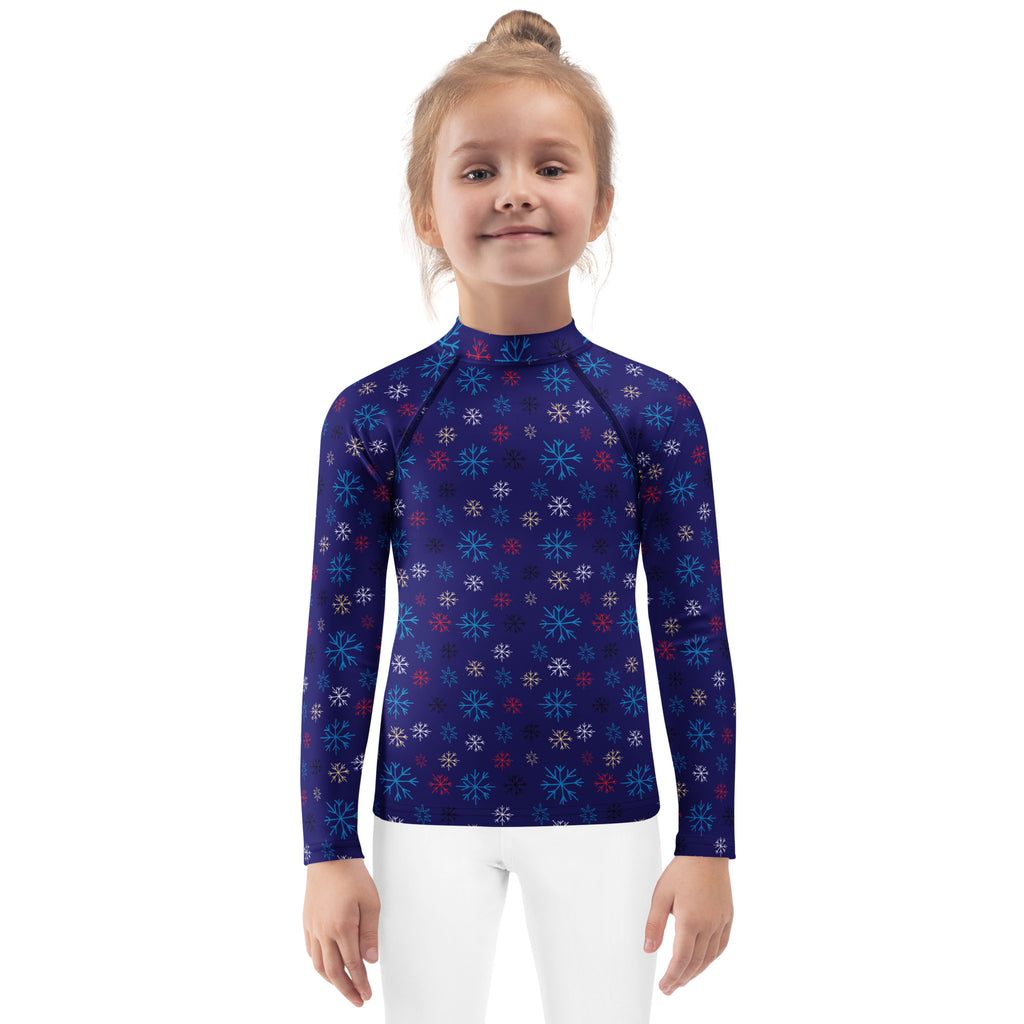 Kids navy snowflake long sleeve rash guard swim shirt with upf 50 plus featuring multicolored snowflake pattern