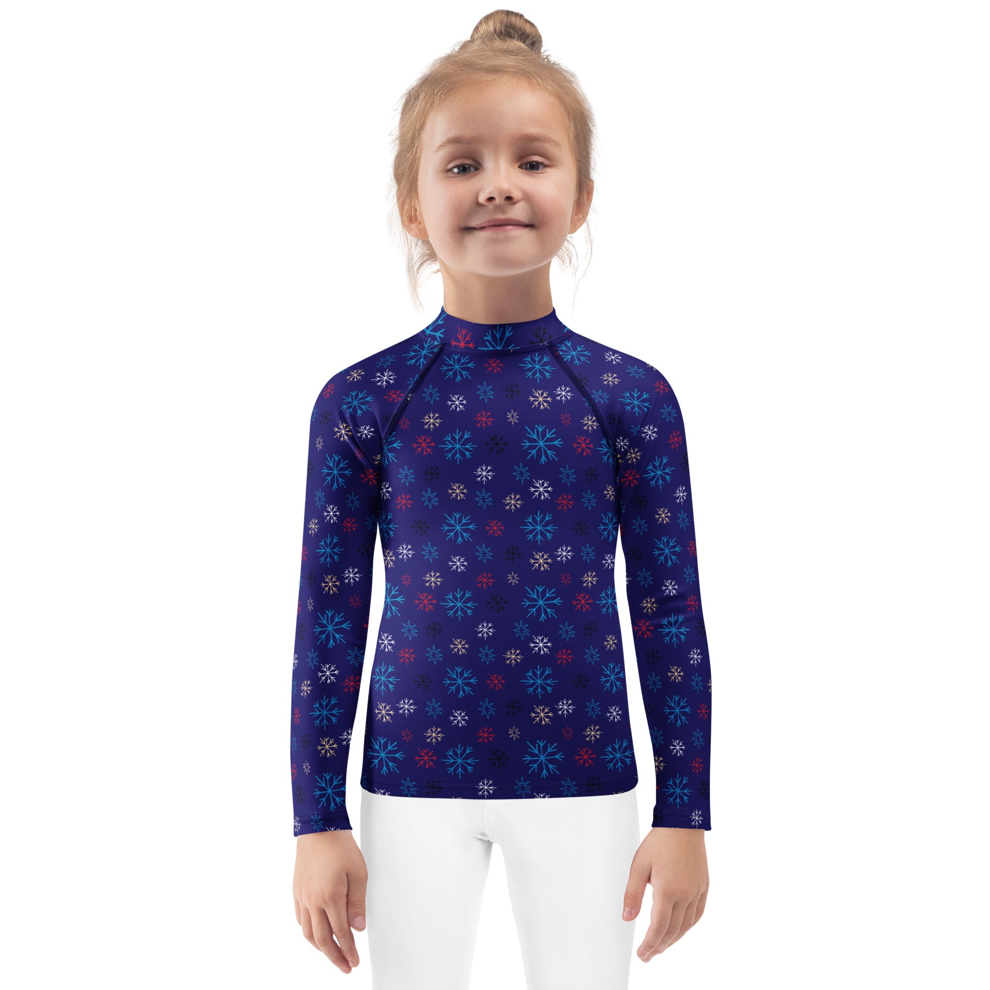 Kids navy snowflake long sleeve rash guard swim shirt with upf 50 plus featuring multicolored snowflake pattern