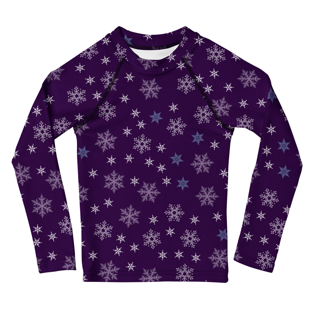 Kids purple long sleeve rash guard with white and light blue snowflake pattern and upf 50 plus sun protection
