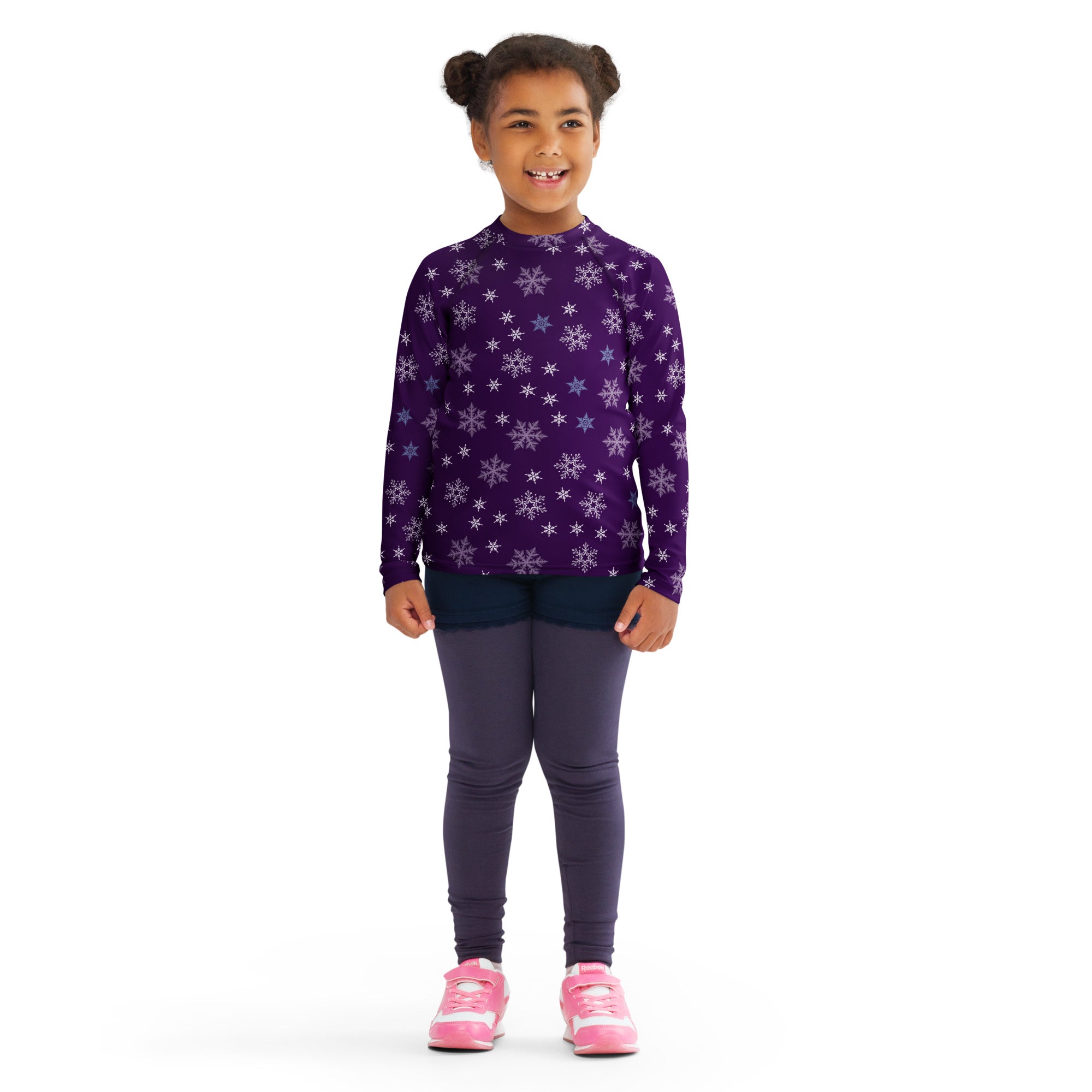 Kids purple long sleeve rash guard swim shirt with white and light purple snowflake pattern and upf 50 plus protection