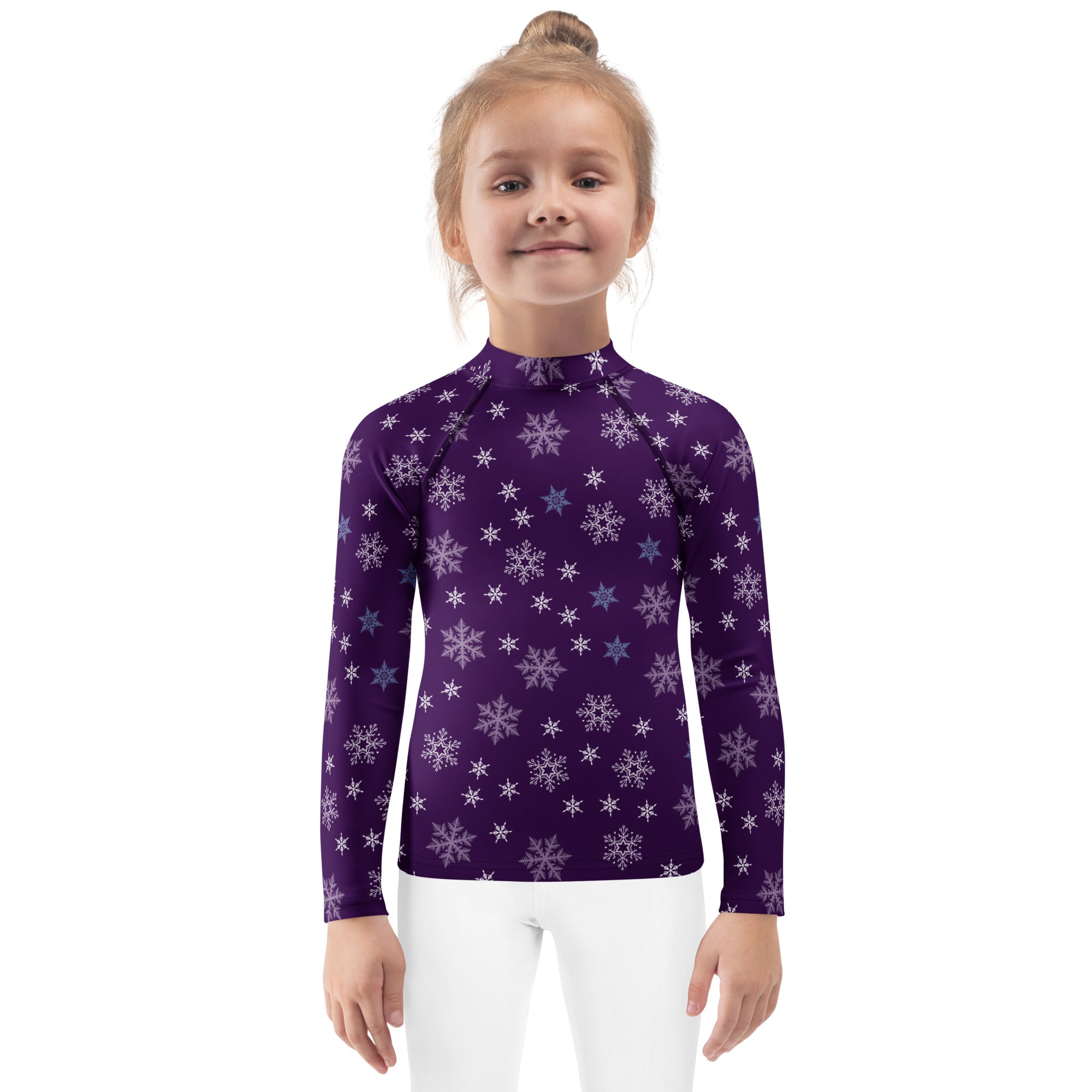 Kids purple long sleeve rash guard swim shirt with high collar snowflake pattern and UPF 50+ sun protection