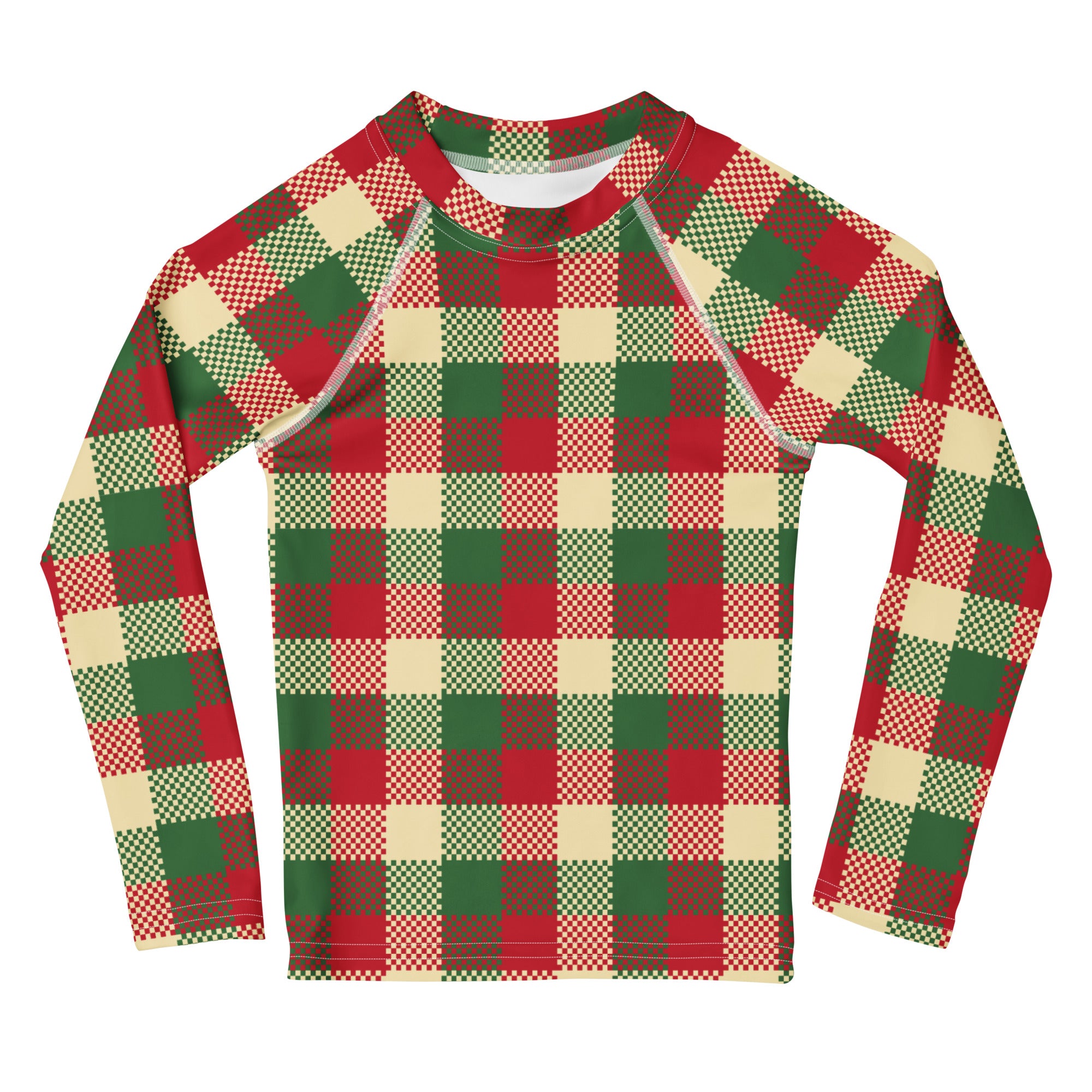 Kids christmas plaid long sleeve rash guard swim shirt with upf 50 plus in red green and cream festive pattern