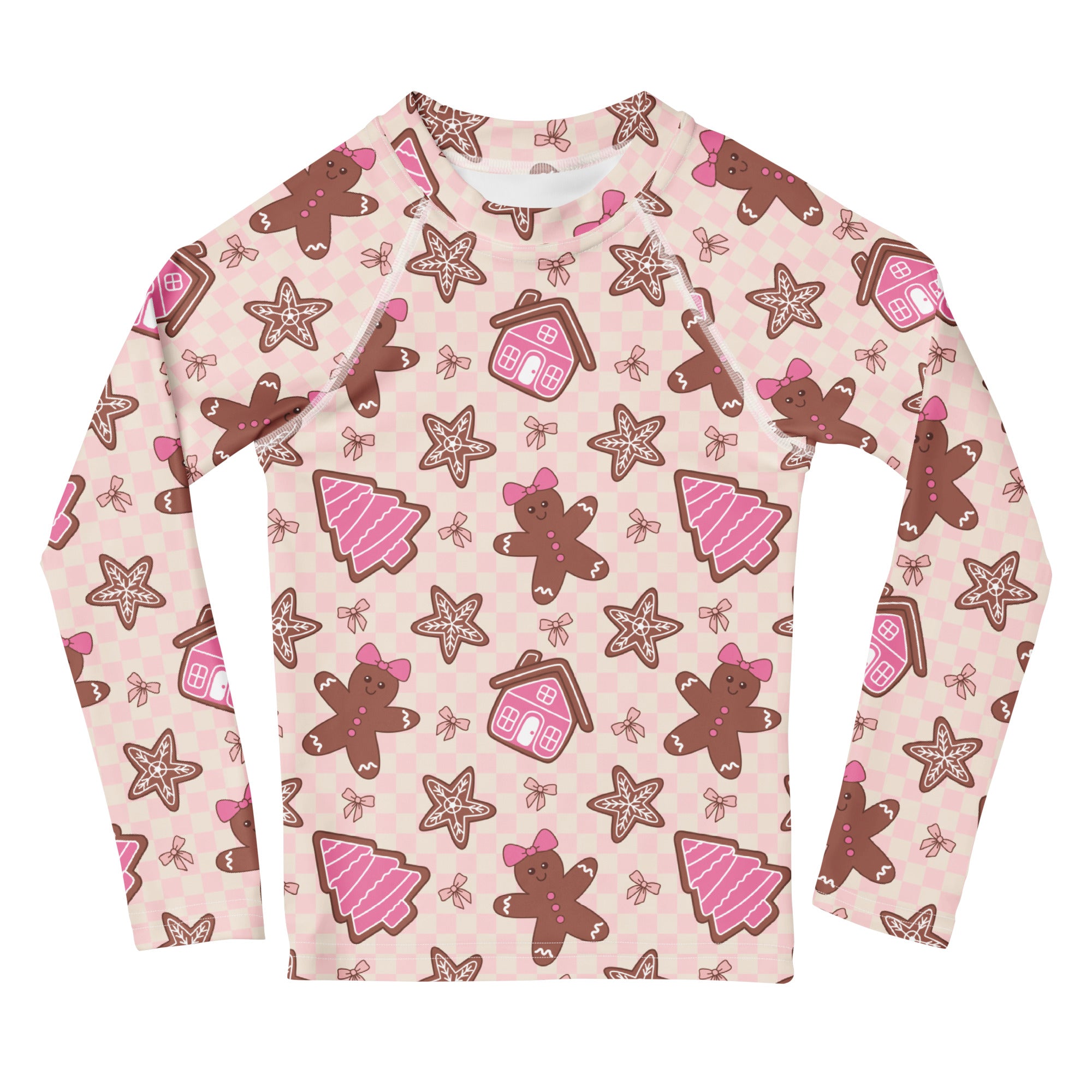 Kids pink long sleeve rash guard swim shirt with UPF 50 plus featuring gingerbread men and christmas tree pattern