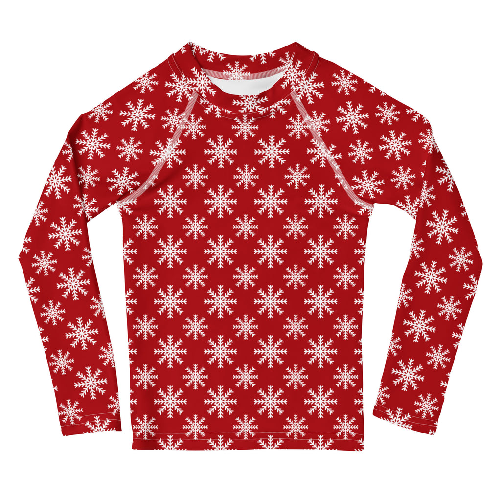 Kids red long sleeve rash guard swim shirt with white snowflake pattern and UPF 50 plus for sun protection