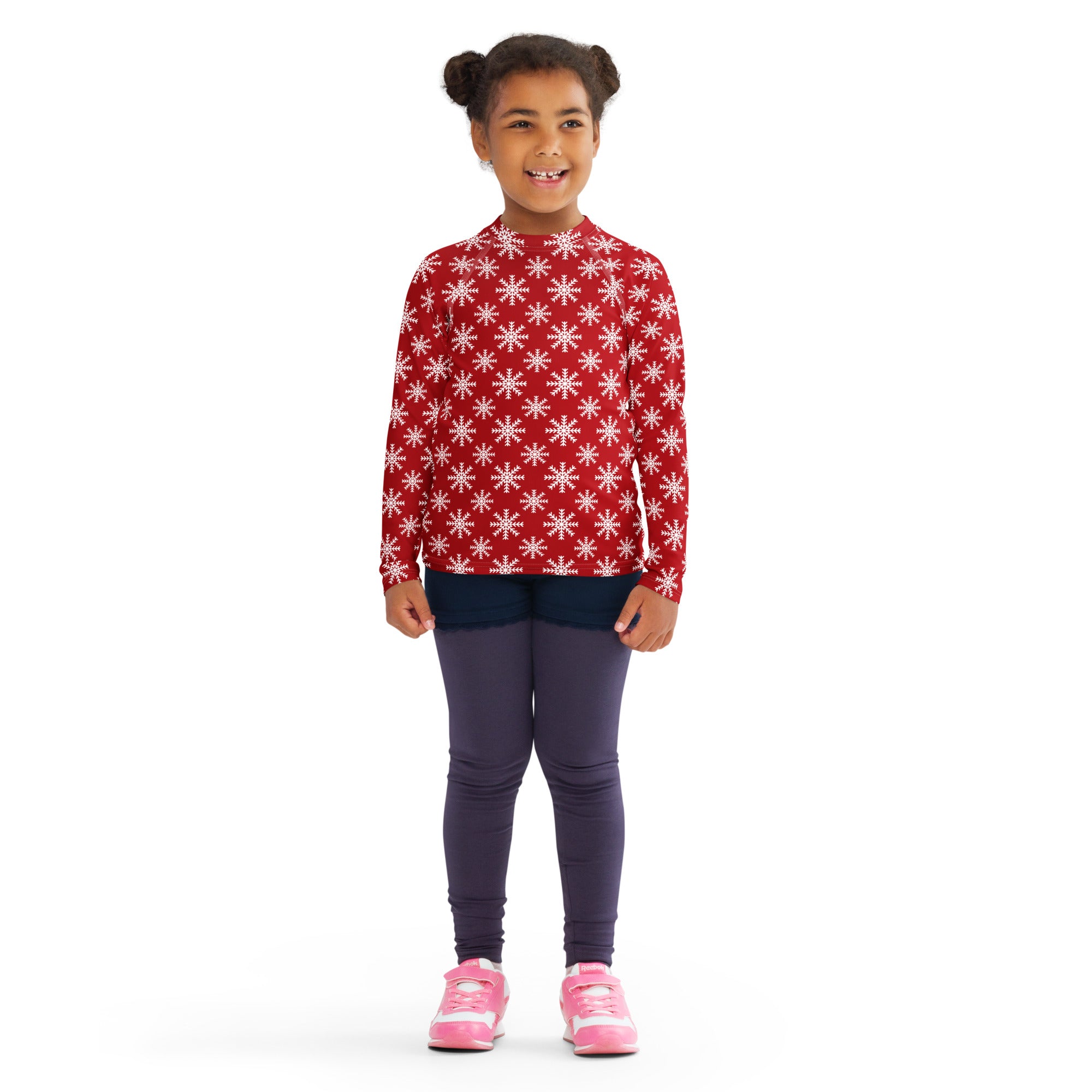 Kids red long sleeve rash guard swim shirt with white snowflake pattern and upf 50 plus for christmas protection