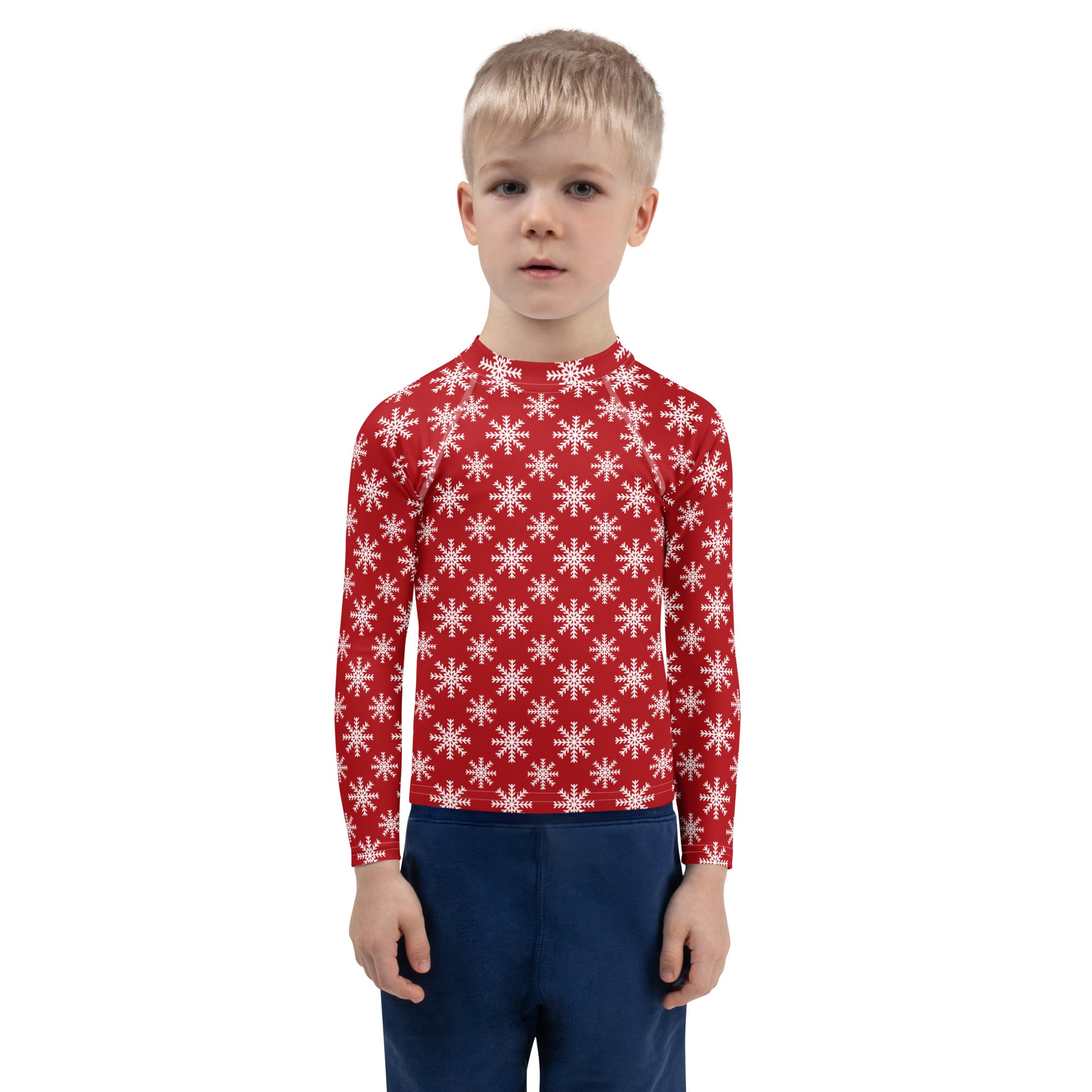 Kids red long sleeve rash guard swim shirt with white snowflake pattern and UPF 50 plus sun protection