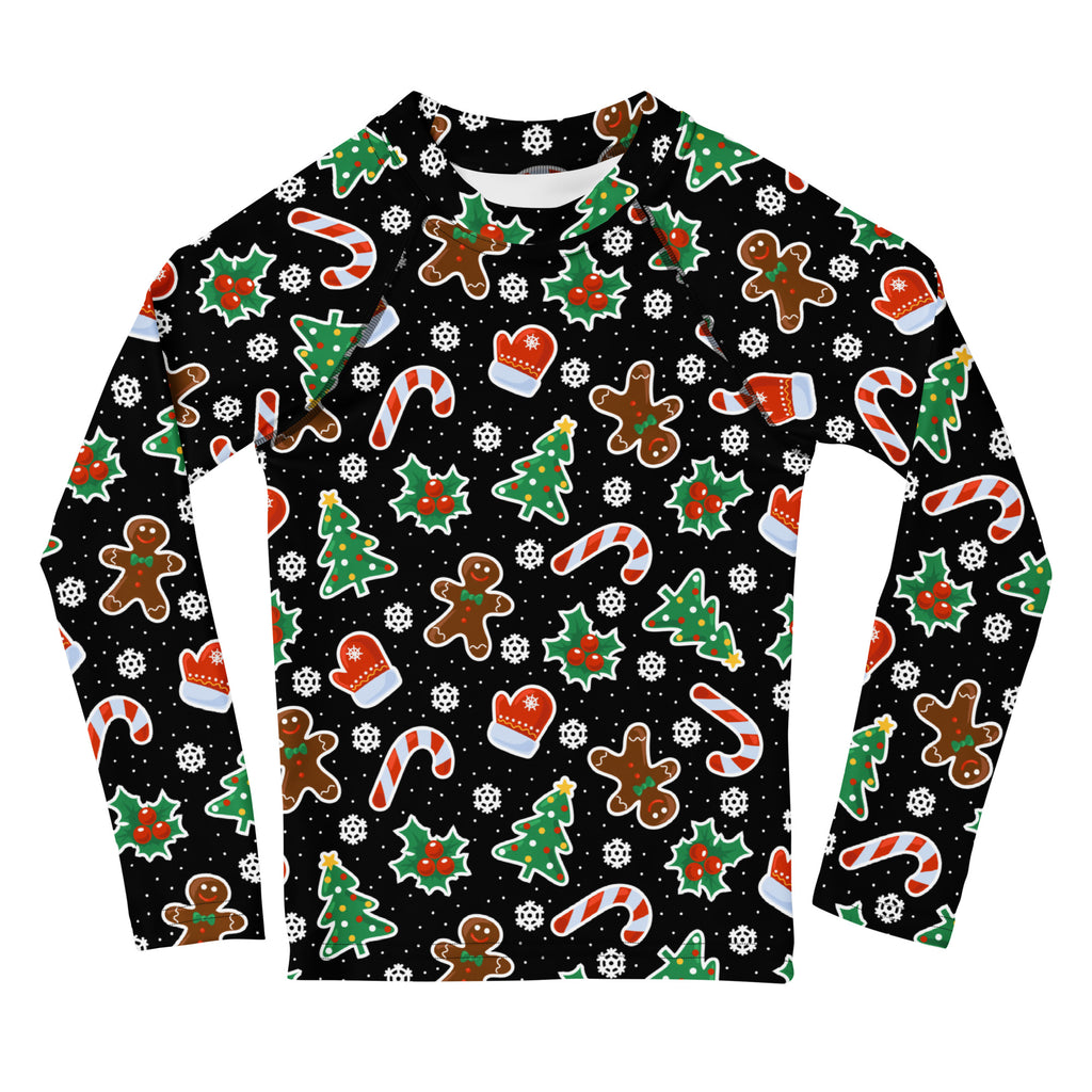 Kids black long sleeve rash guard swim shirt with upf 50 featuring festive gingerbread men candy canes trees and mittens pattern