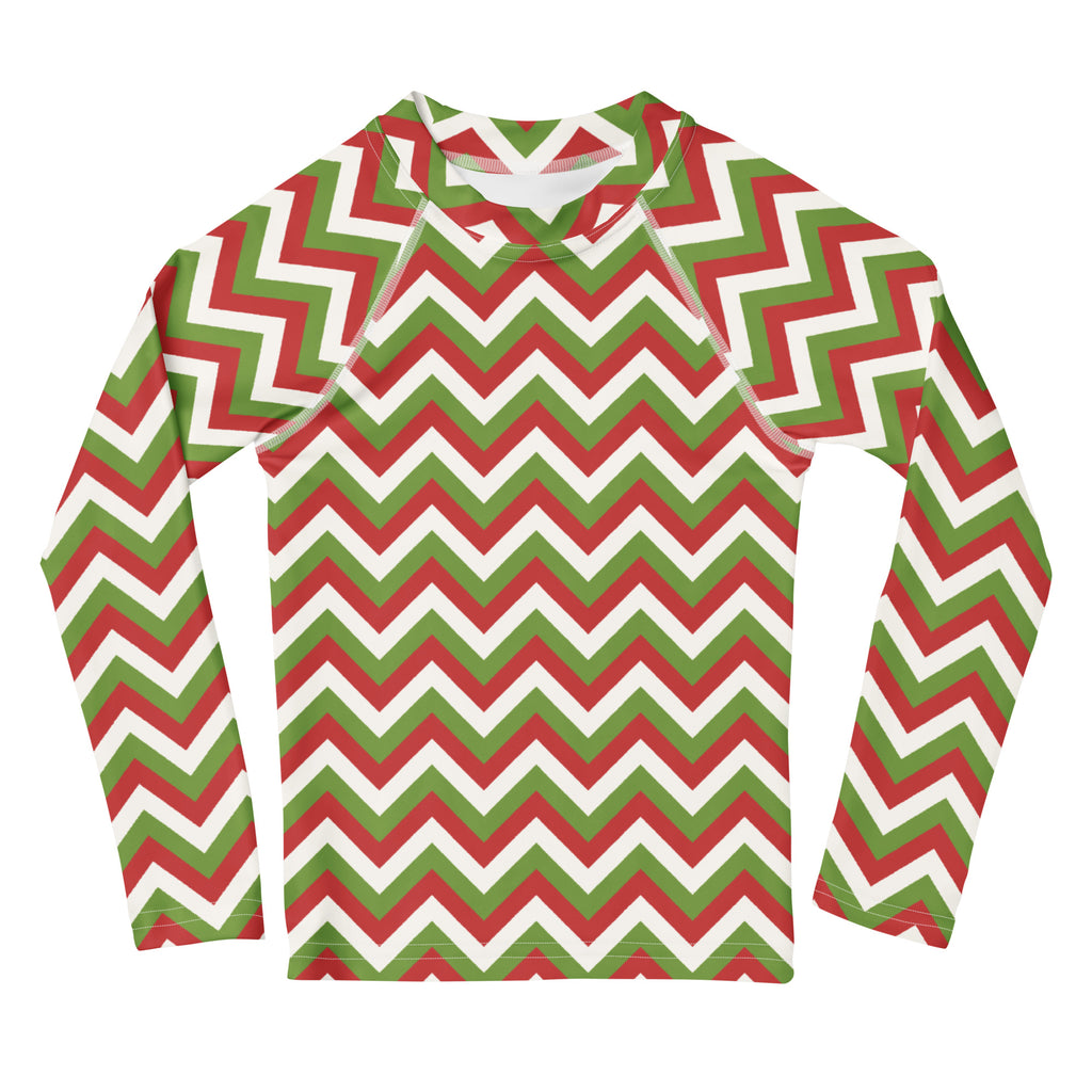 Kids red green chevron christmas long sleeve rash guard swim shirt with bold zigzag pattern and upf 50+ protection