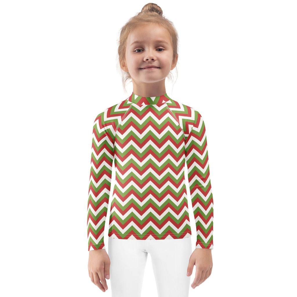 A kids red green and white chevron long sleeve rash guard swim shirt with UPF 50 plus for sun protection