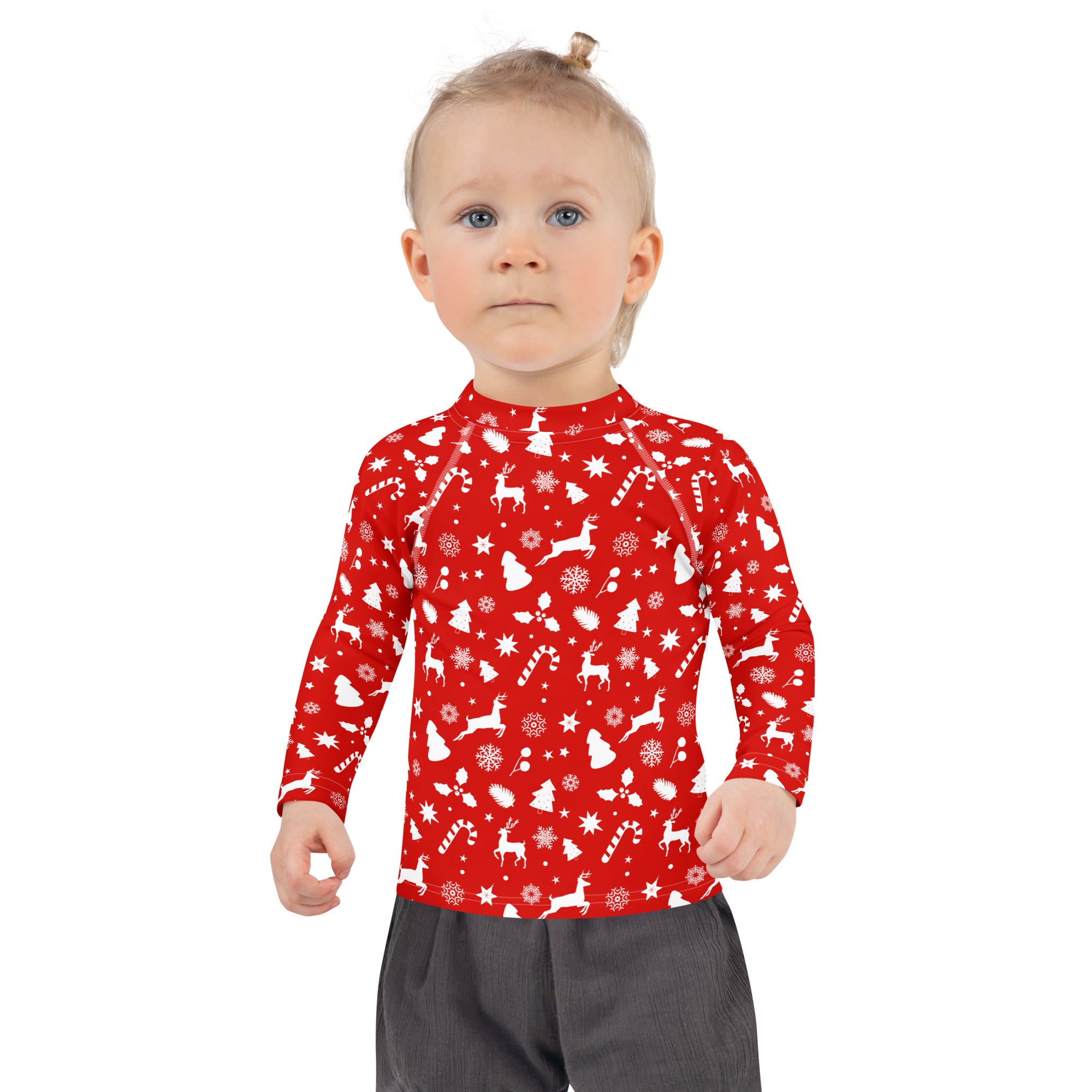 Kids red long sleeve rash guard swim shirt with white Christmas patterns and UPF 50 plus sun protection
