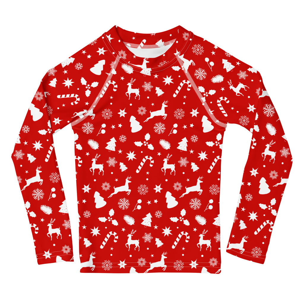 Kids red christmas long sleeve rash guard swim shirt with white holiday patterns and upf 50 plus sun protection