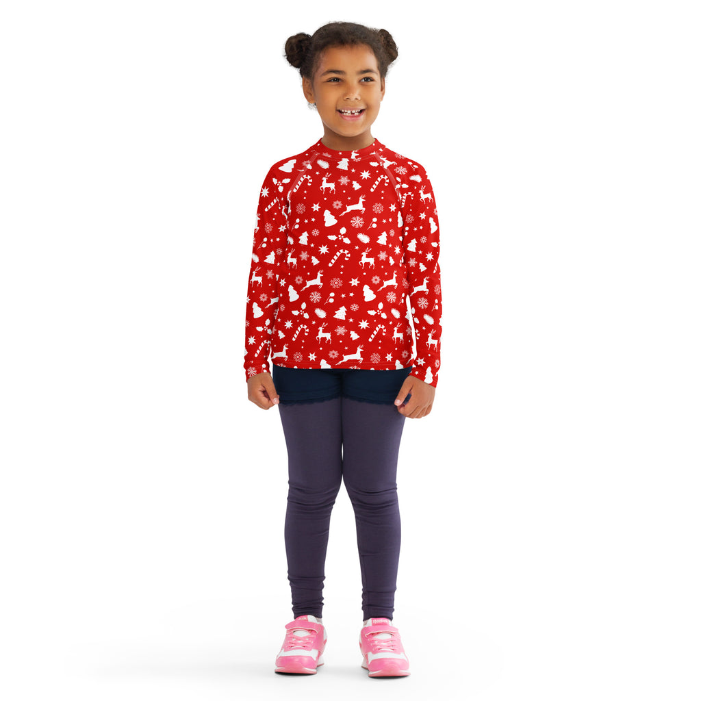 Kids red christmas long sleeve rash guard swim shirt with white reindeer snowflakes candy cane and upf 50 protection