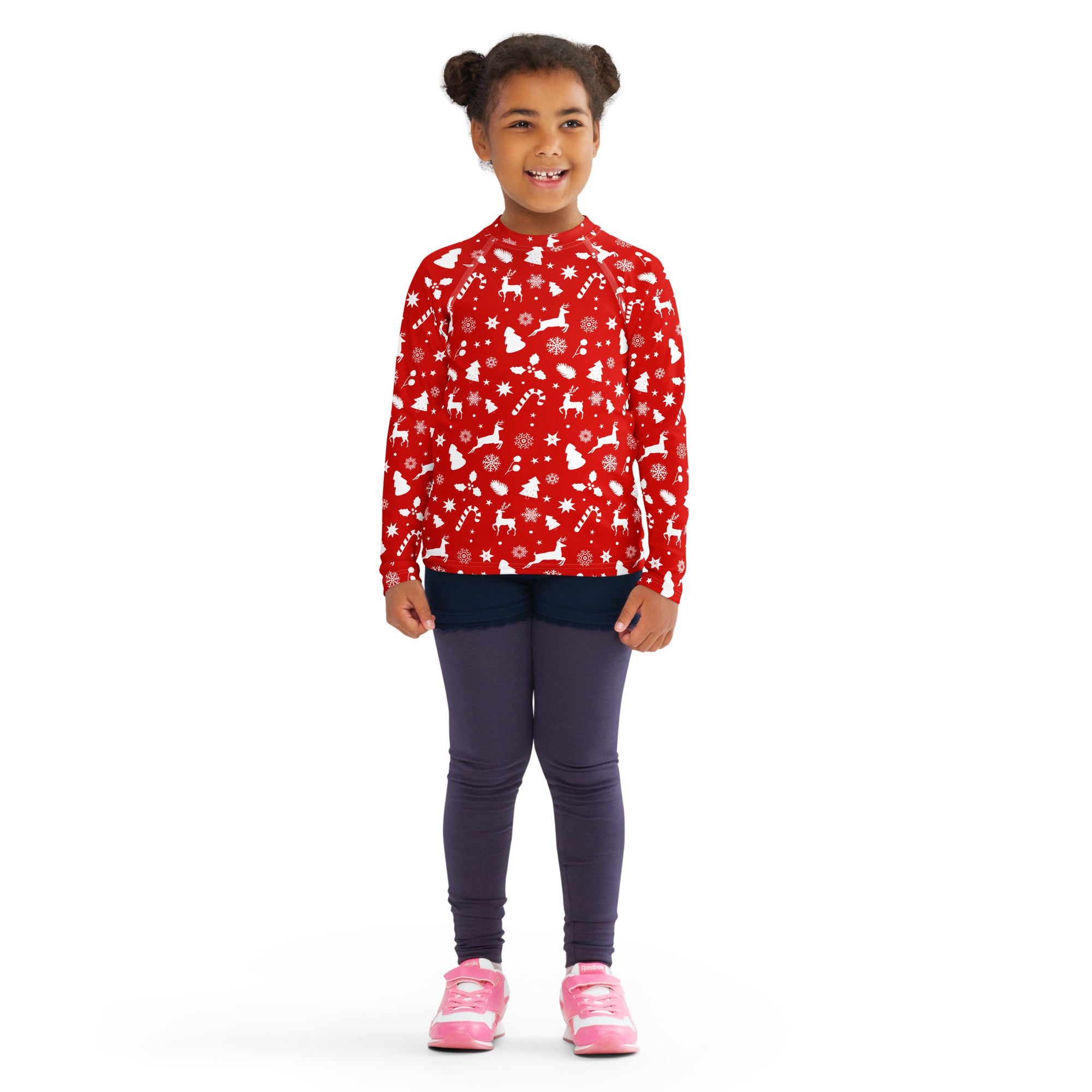 Kids red christmas long sleeve rash guard swim shirt with white reindeer snowflakes candy cane and upf 50 protection