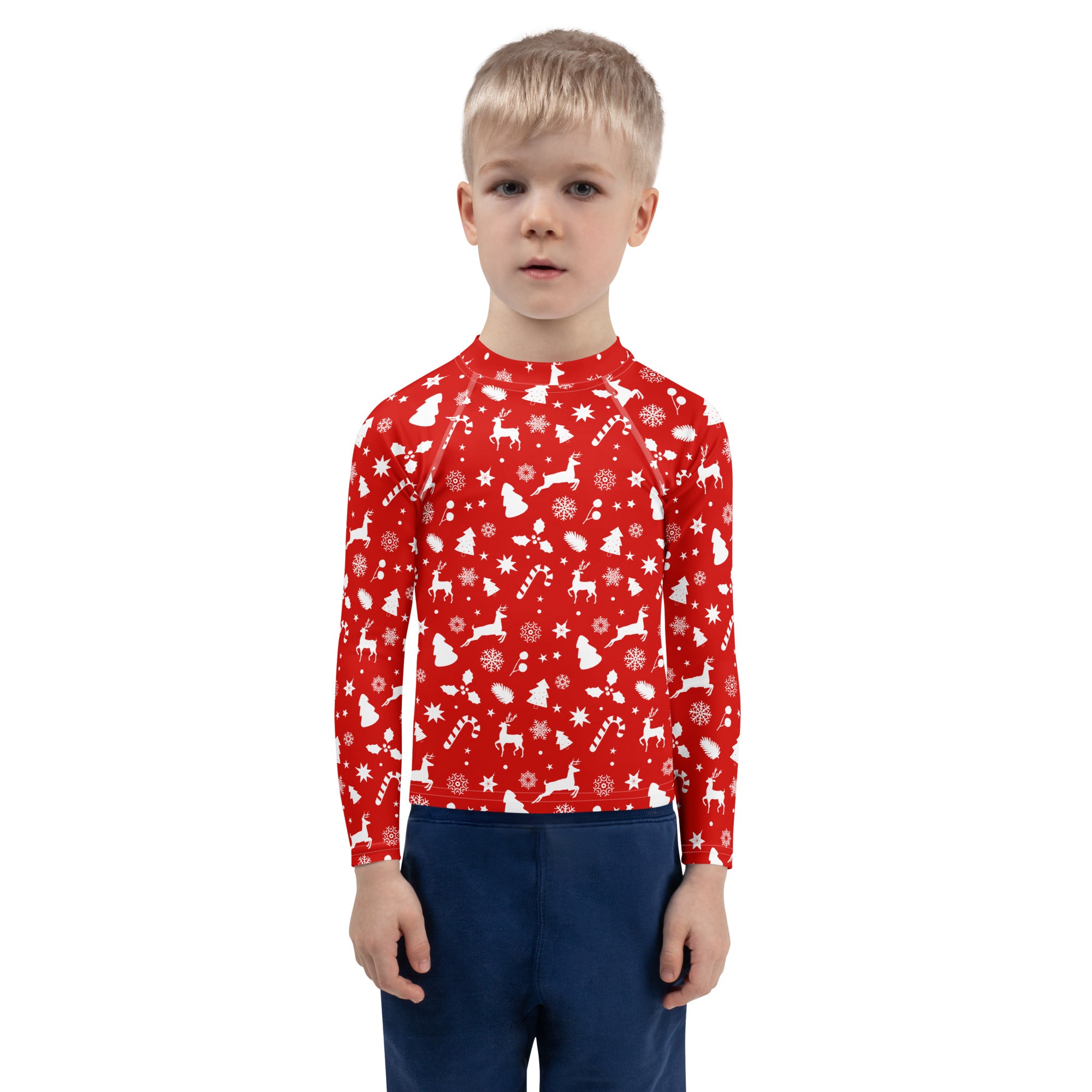 Kids red christmas long sleeve rash guard swim shirt with white festive patterns and upf 50 plus sun protection