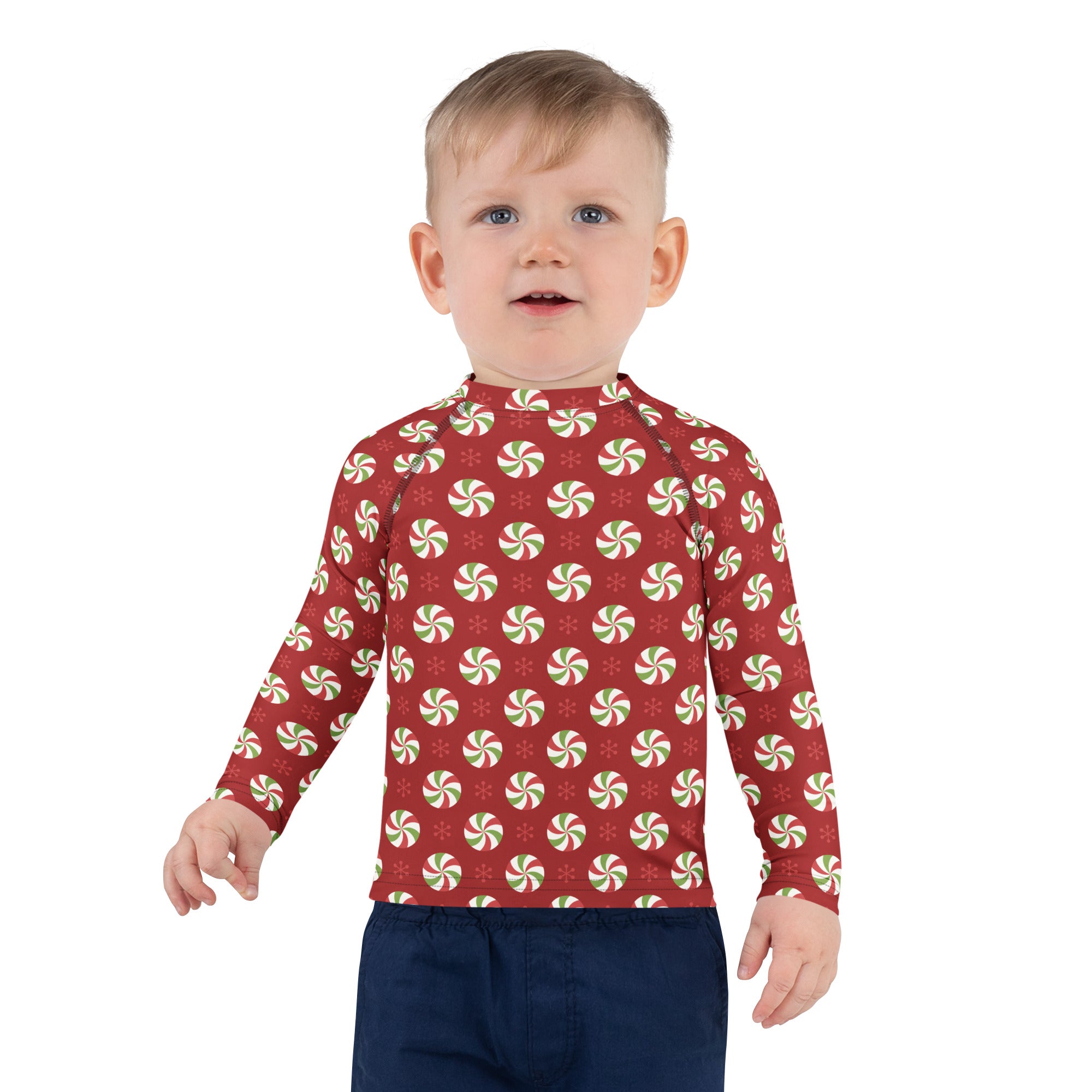 Red long sleeve kids rash guard with green and white peppermint candy pattern upf 50 plus swim shirt for christmas