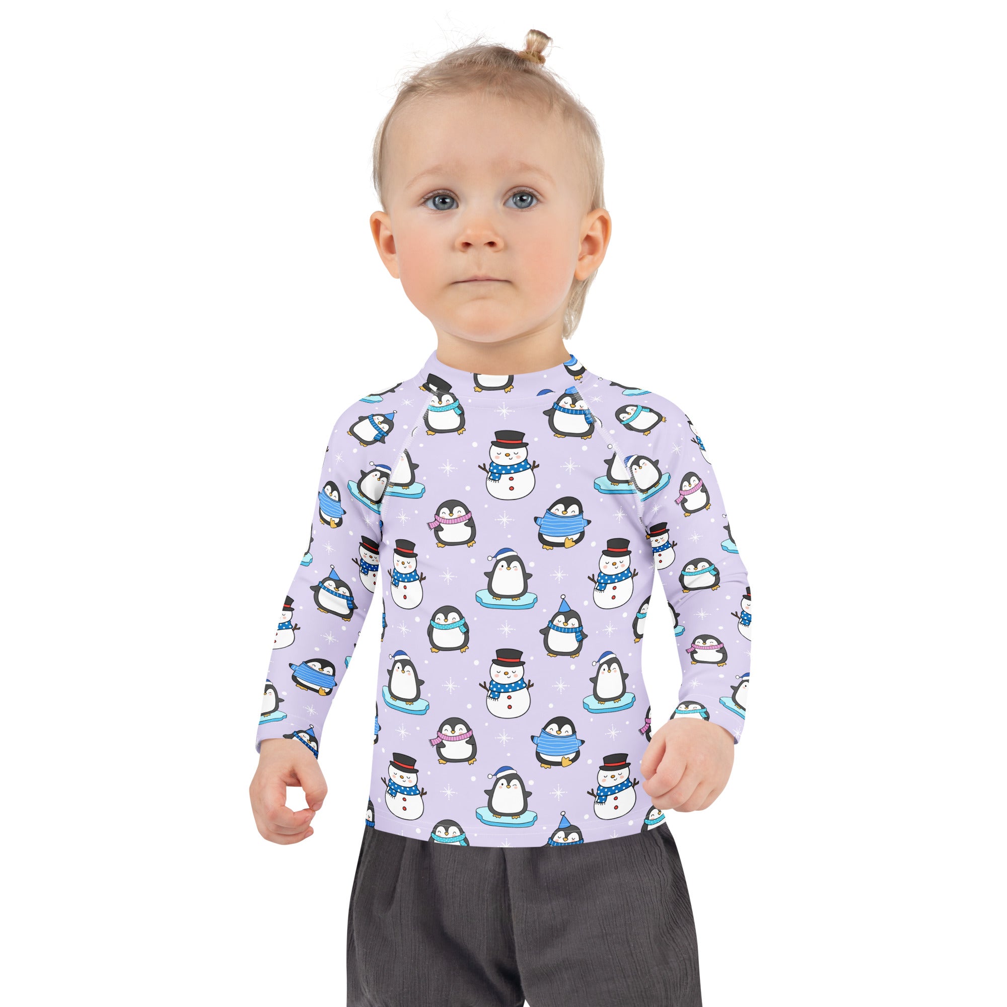 Kids Winter Penguin Long Sleeve Rash Guard Swim Shirt With UPF 50+