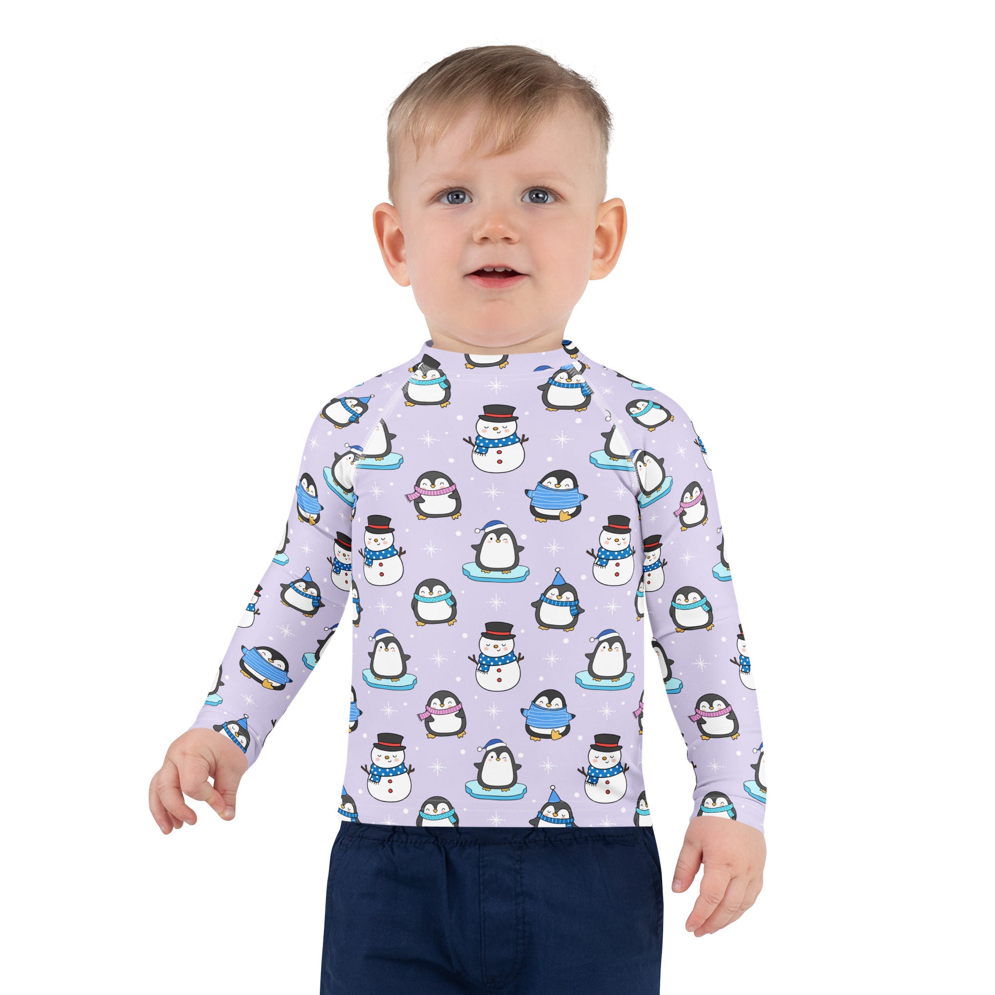 Kids Winter Penguin Long Sleeve Rash Guard Swim Shirt With UPF 50+