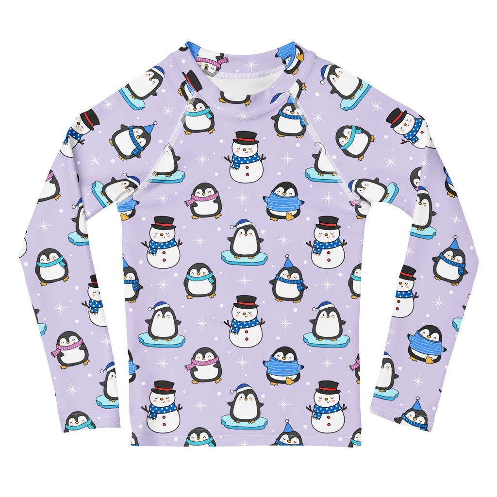 Kids Winter Penguin Long Sleeve Rash Guard Swim Shirt With UPF 50+